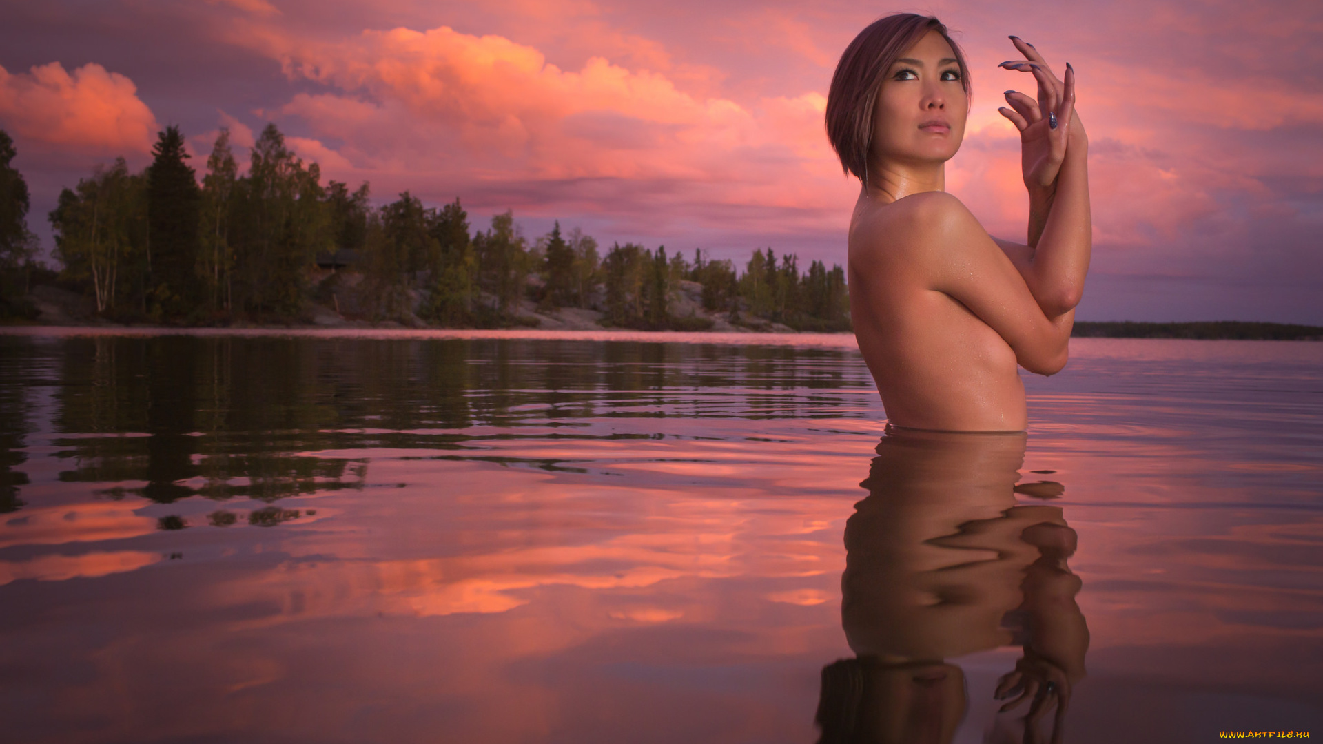 девушки, -unsort, , азиатки, жест, взгляд, торс, река