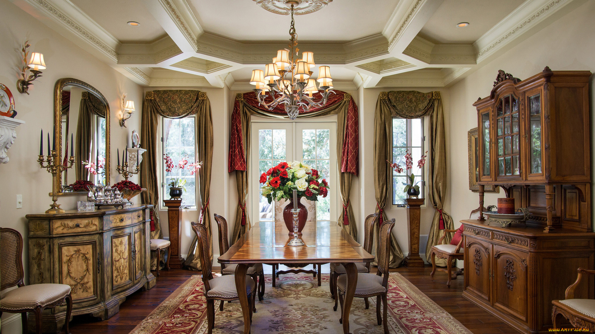 интерьер, гостиная, классика, столовая, мебель, люстра, дизайн, стиль, стулья, стол, сервант, комод, цветы