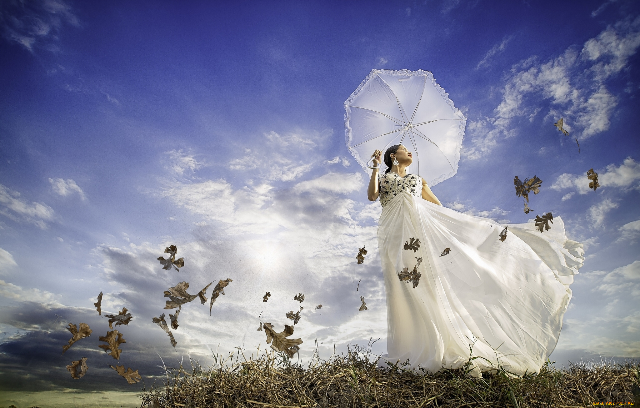 девушки, -unsort, , азиатки, настроение, листья, ветер, зонтик, платье, девушка