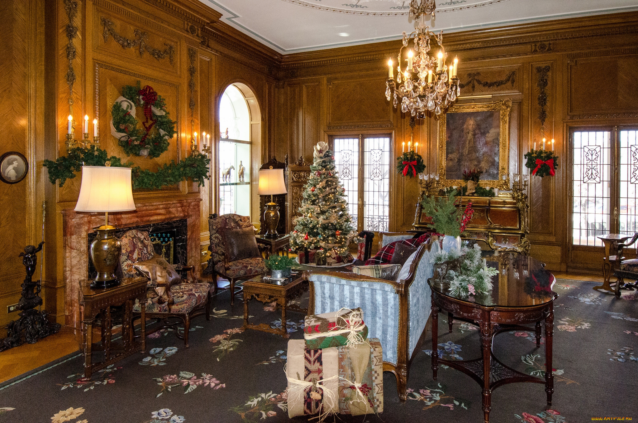 интерьер, гостиная, елка, картины, мебель, зал