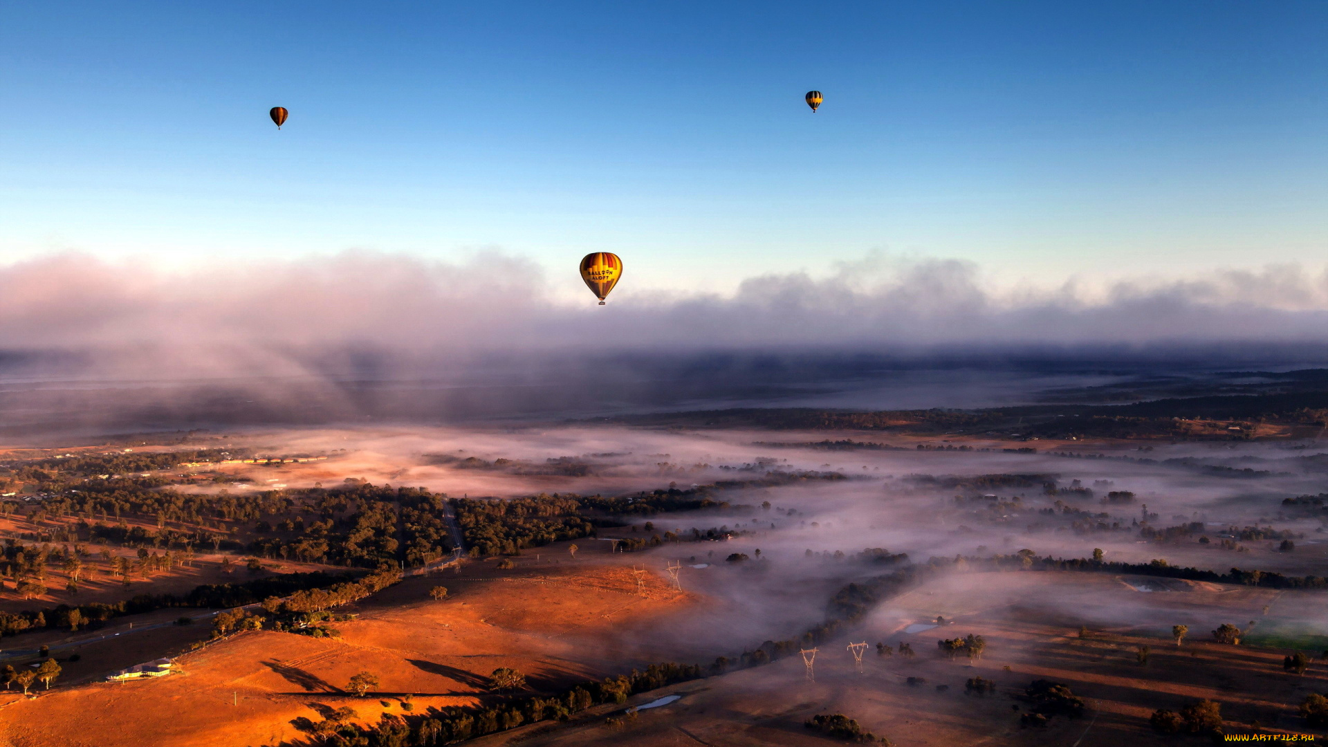 авиация, воздушные, шары, панорама, небо, туман, облака