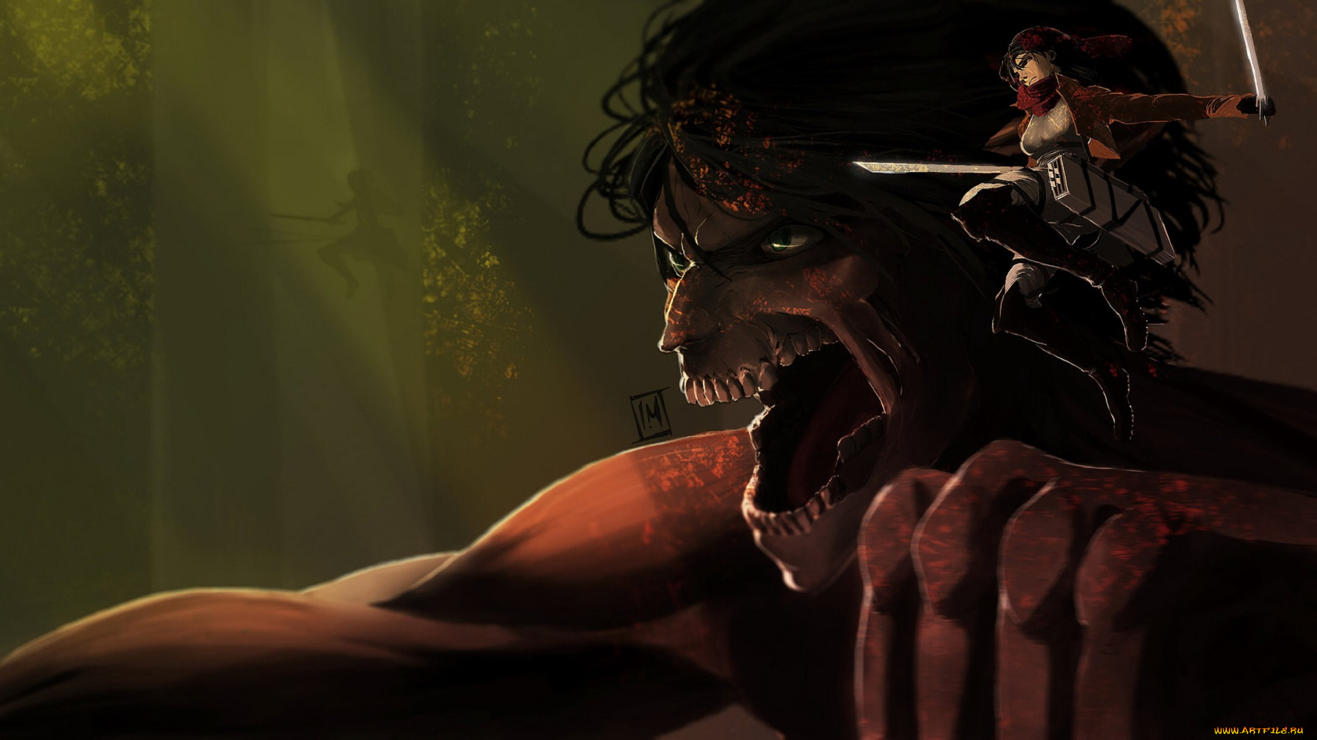 аниме, shingeki, no, kyojin, титан, эрен, микаса