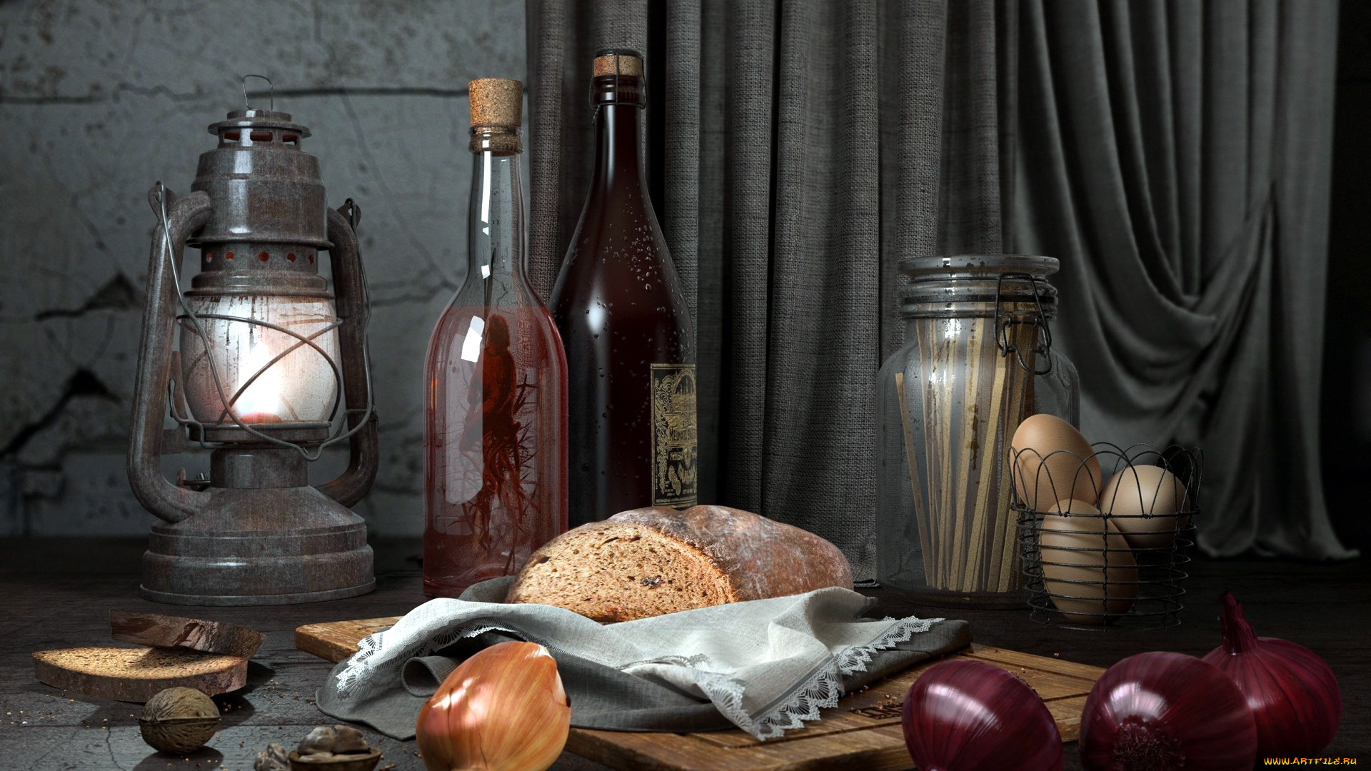еда, натюрморт, лампа, лук, бутылки, яйца