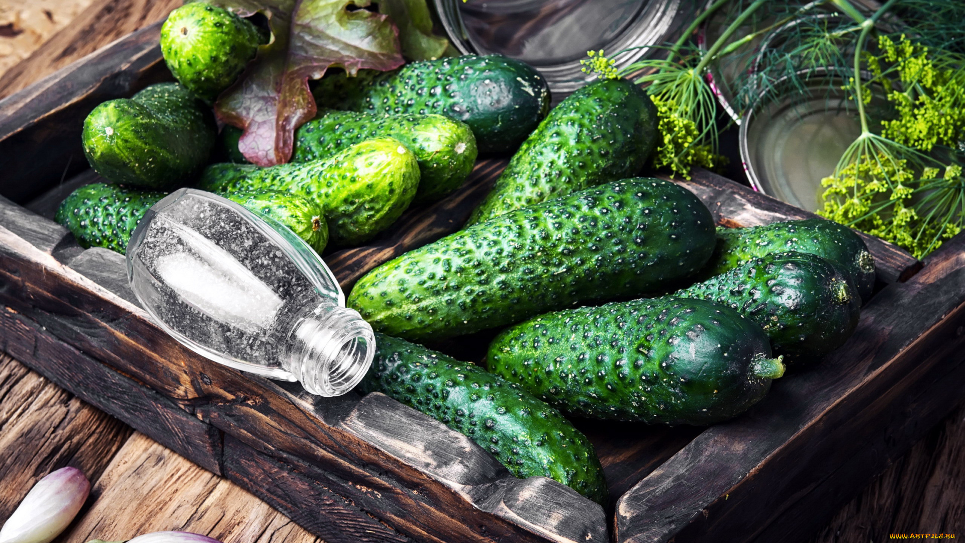 еда, огурцы, ящик, укроп, чеснок, огурчики