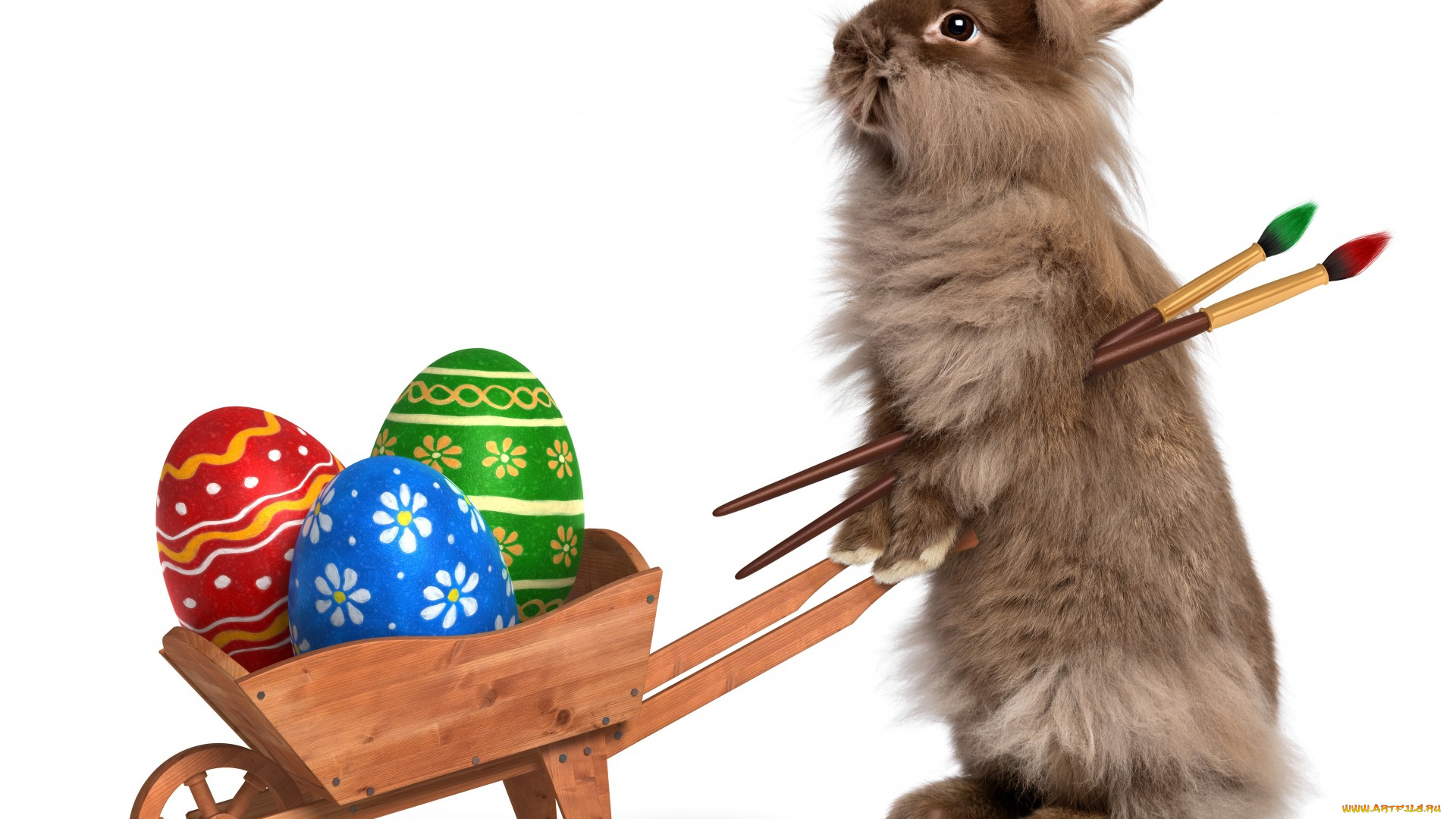 праздничные, пасха, holidays, easter, тележка, яйца, крашенные, кисточки, кролик, rabbits