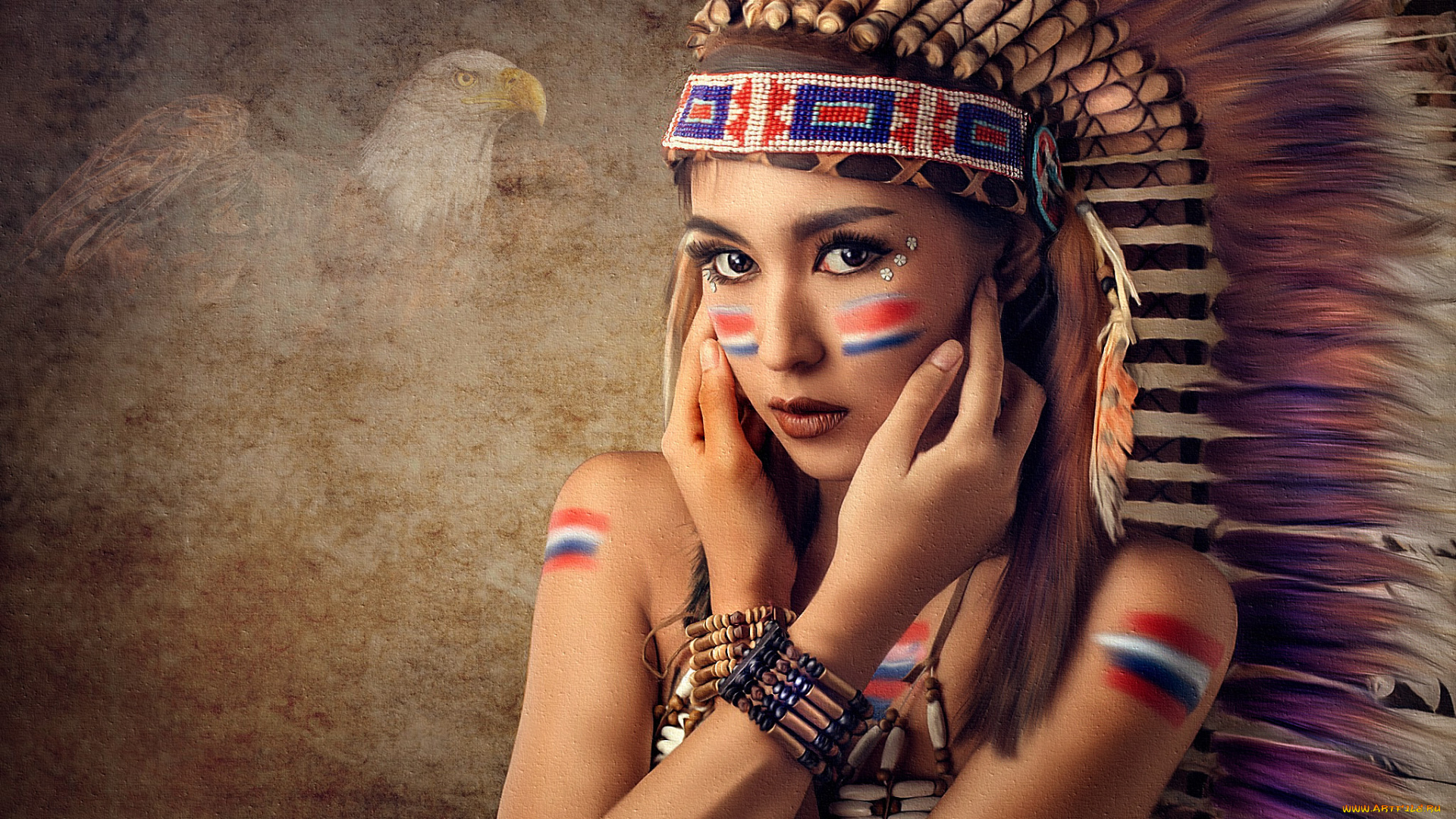 рисованное, люди, девушка, индеец, перья, живопись