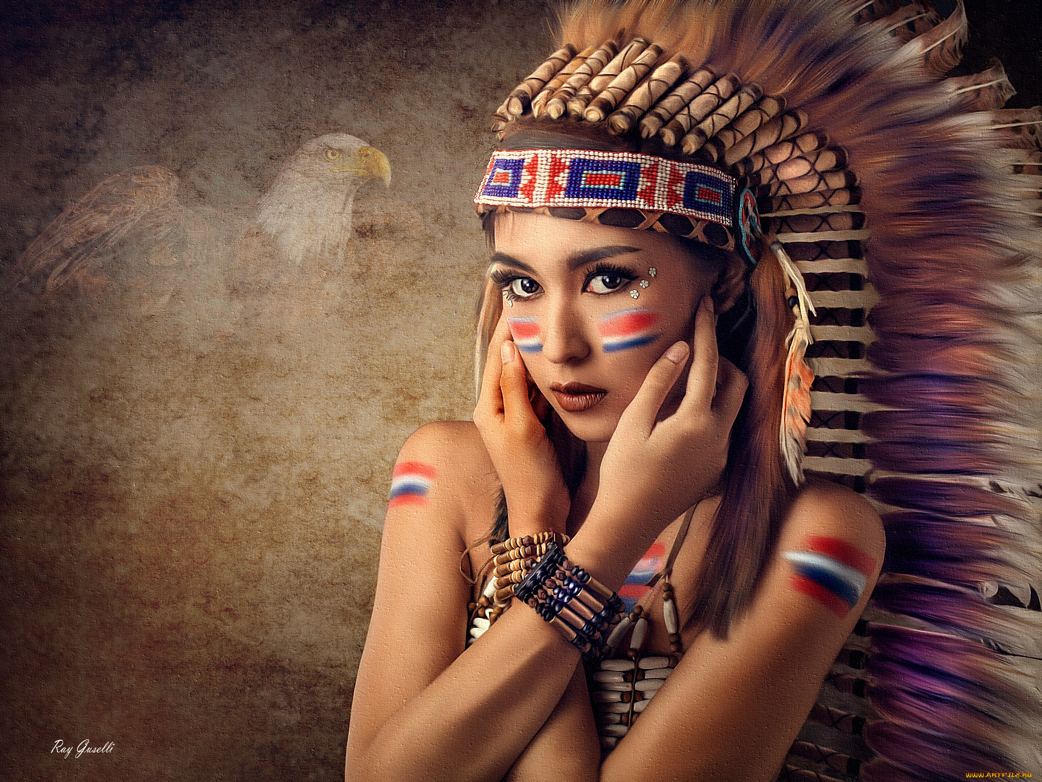 рисованное, люди, девушка, индеец, перья, живопись