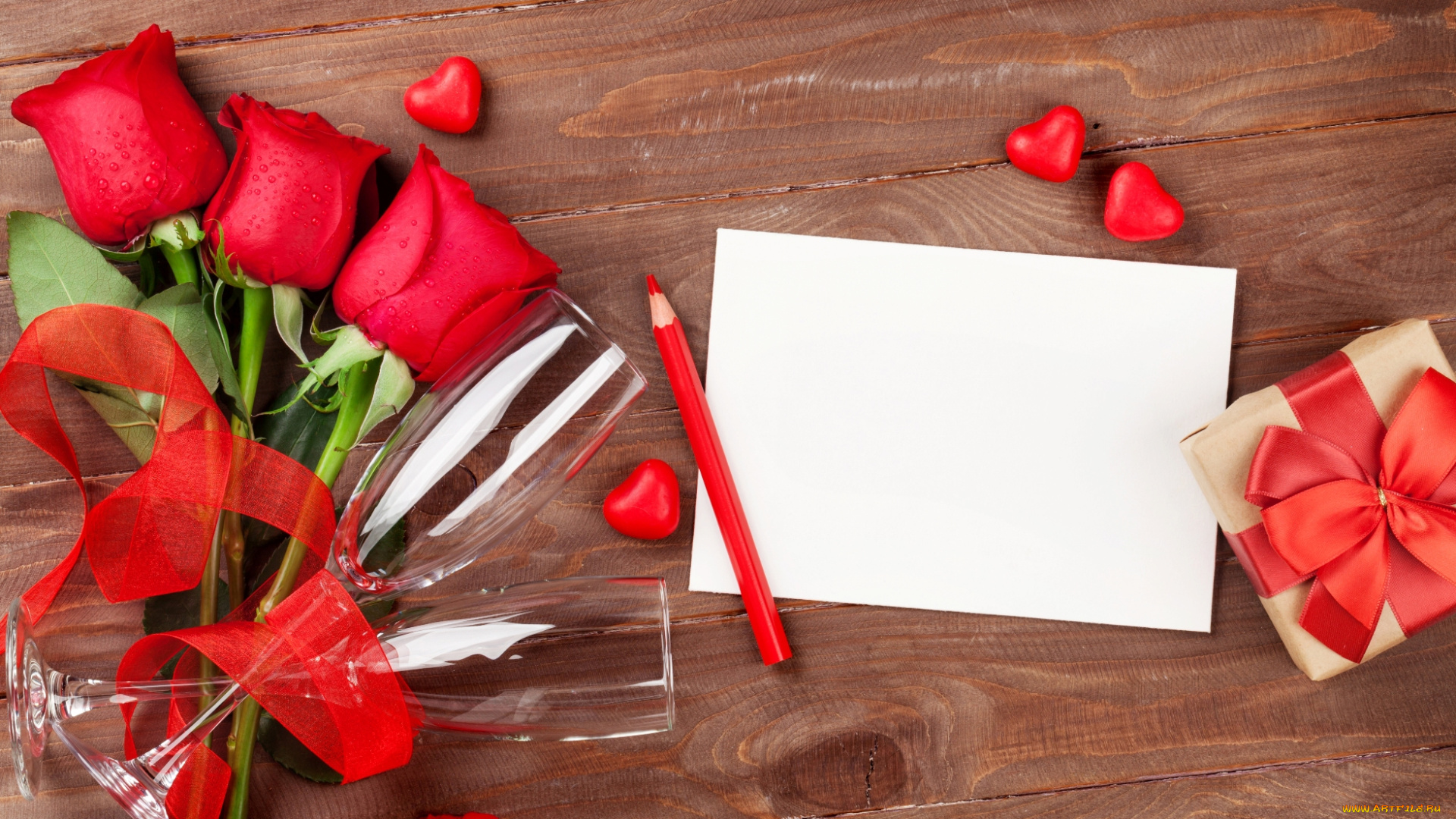 праздничные, день, святого, валентина, , сердечки, , любовь, бокалы, розы, бумага, сердечки, цветы, подарок, карандаш