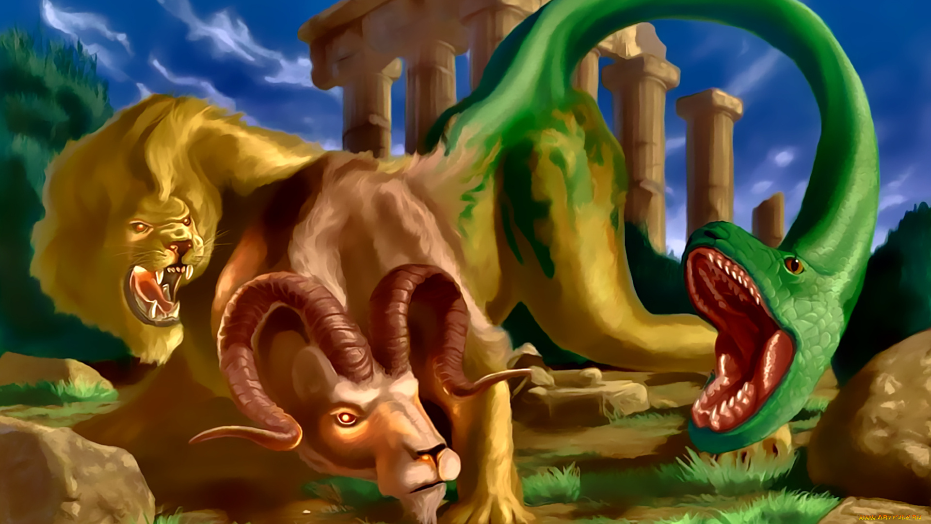 календари, фэнтези, существо, 2019, колонна, calendar, лев, рога, змея