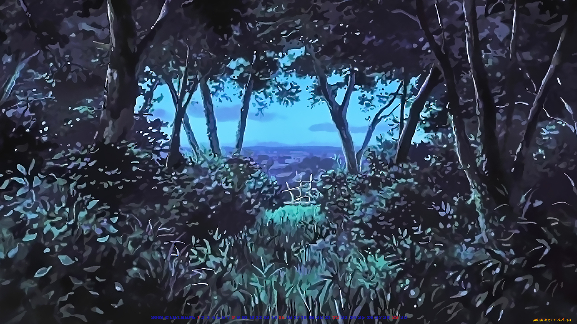 календари, аниме, ночь, лес, природа, дерево, растение, 2019, calendar