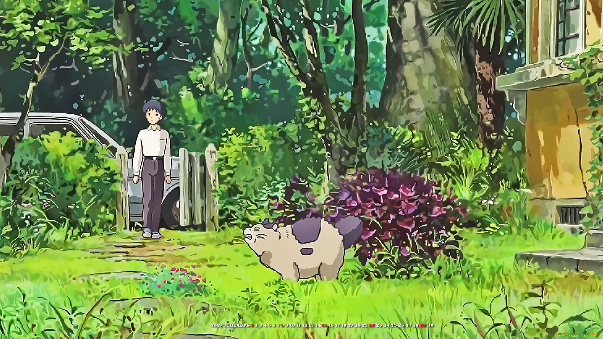 календари, аниме, сад, 2019, кошка, мальчик, растение, двор, дом, calendar