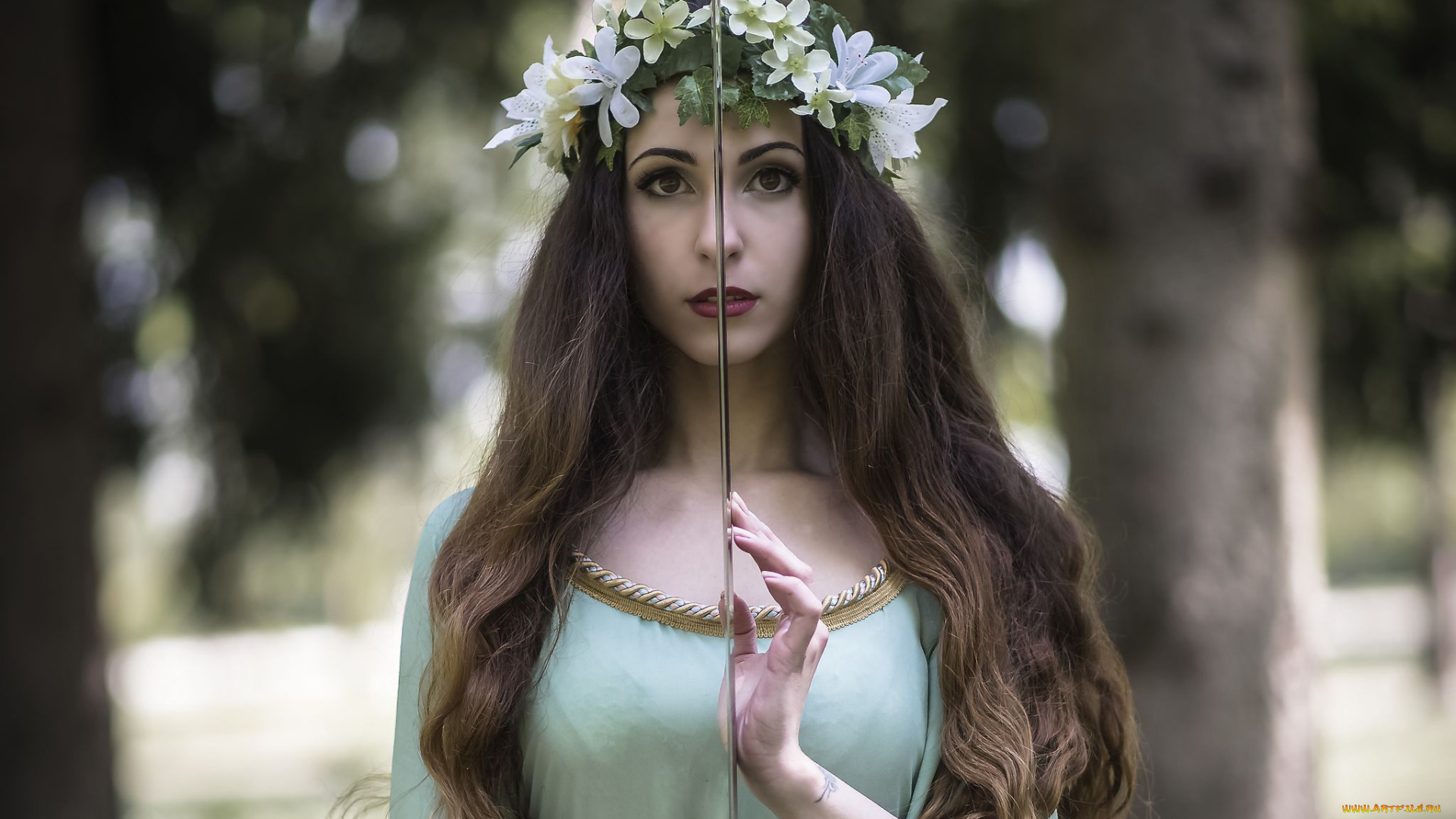 девушки, -, девушки, с, оружием, шатенка, венок, меч