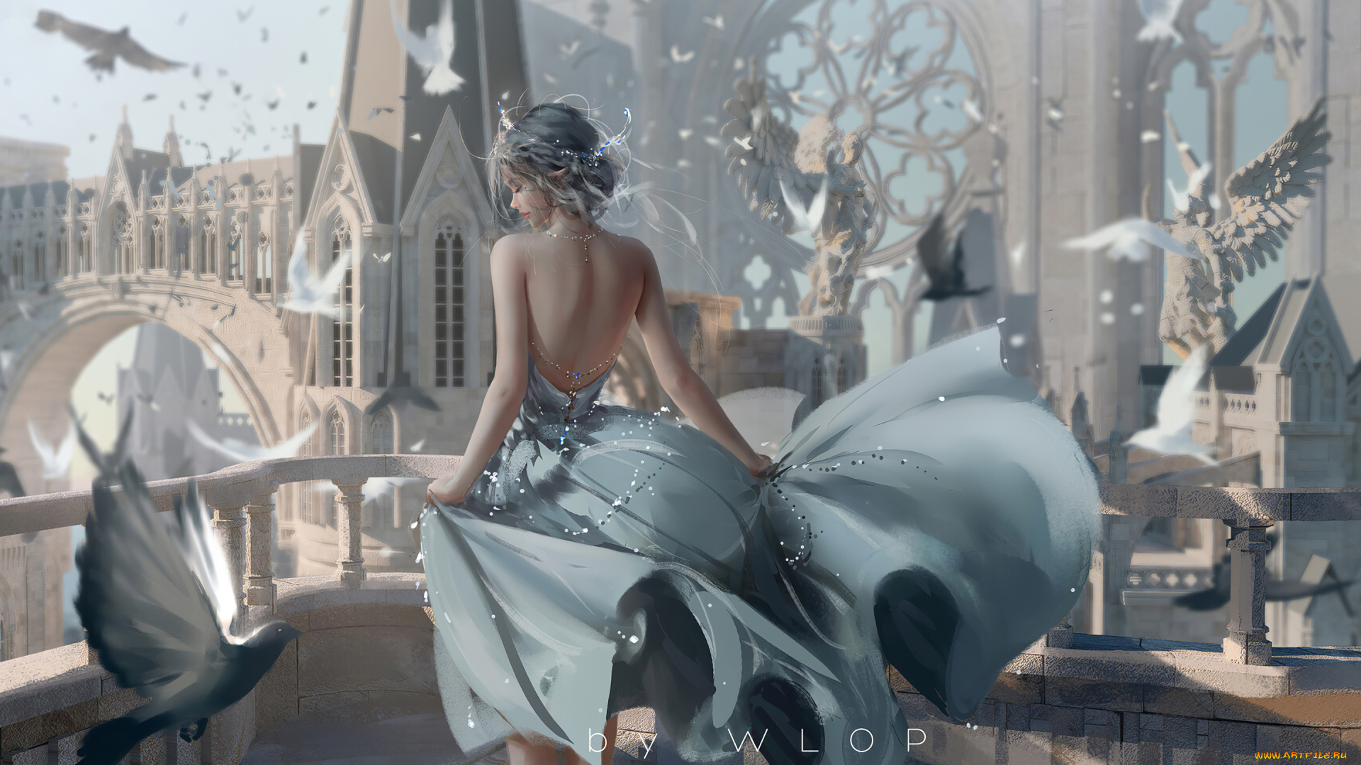 фэнтези, _ghost, blade, , , призрачный, клинок, девушка, голуби, дворец