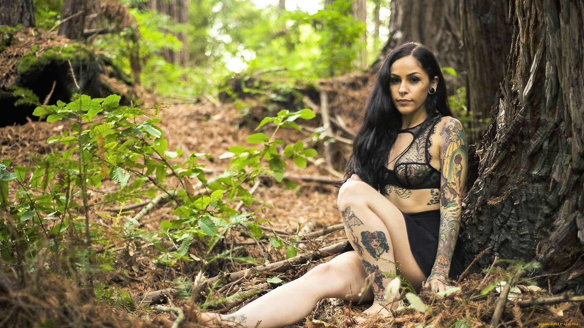 девушки, -, брюнетки, , шатенки, брюнетка, белье, тату, юбка, лес