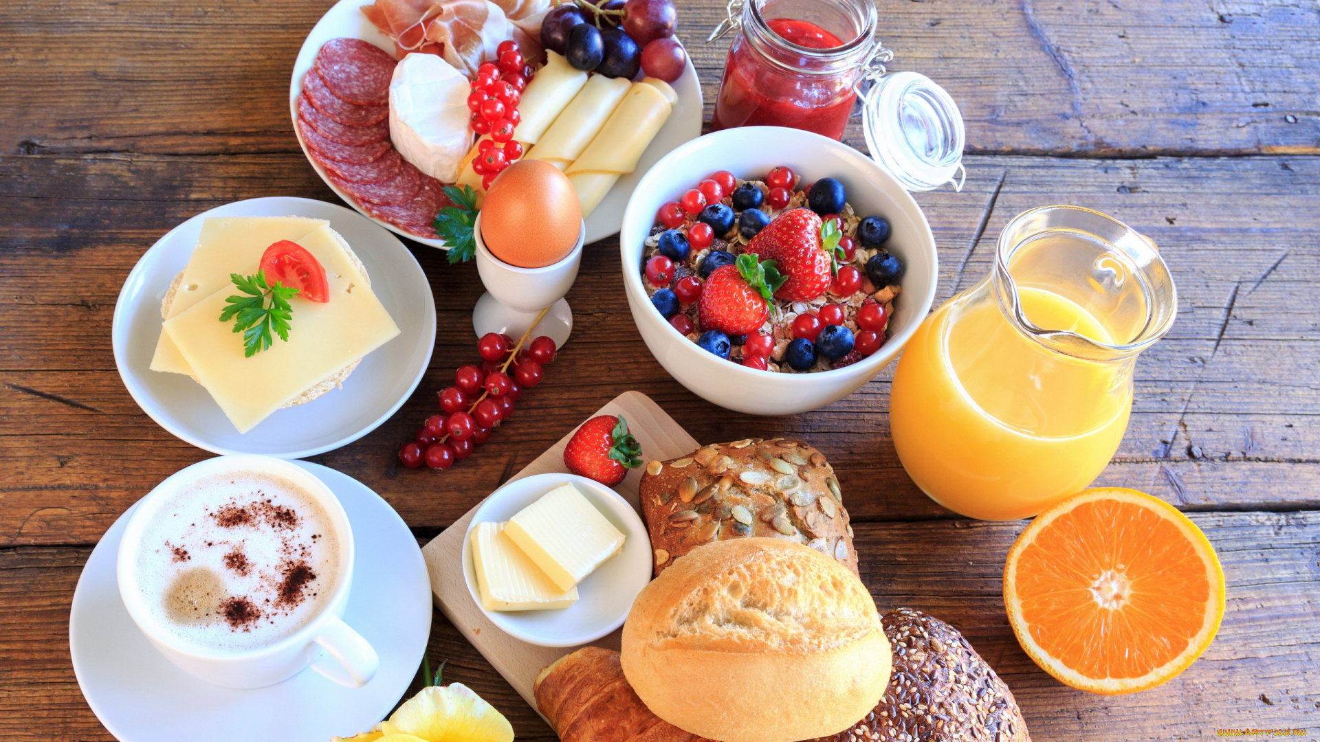 еда, разное, заврак, сыр, колбаса, кофе, сок, апельсиновый, ягоды