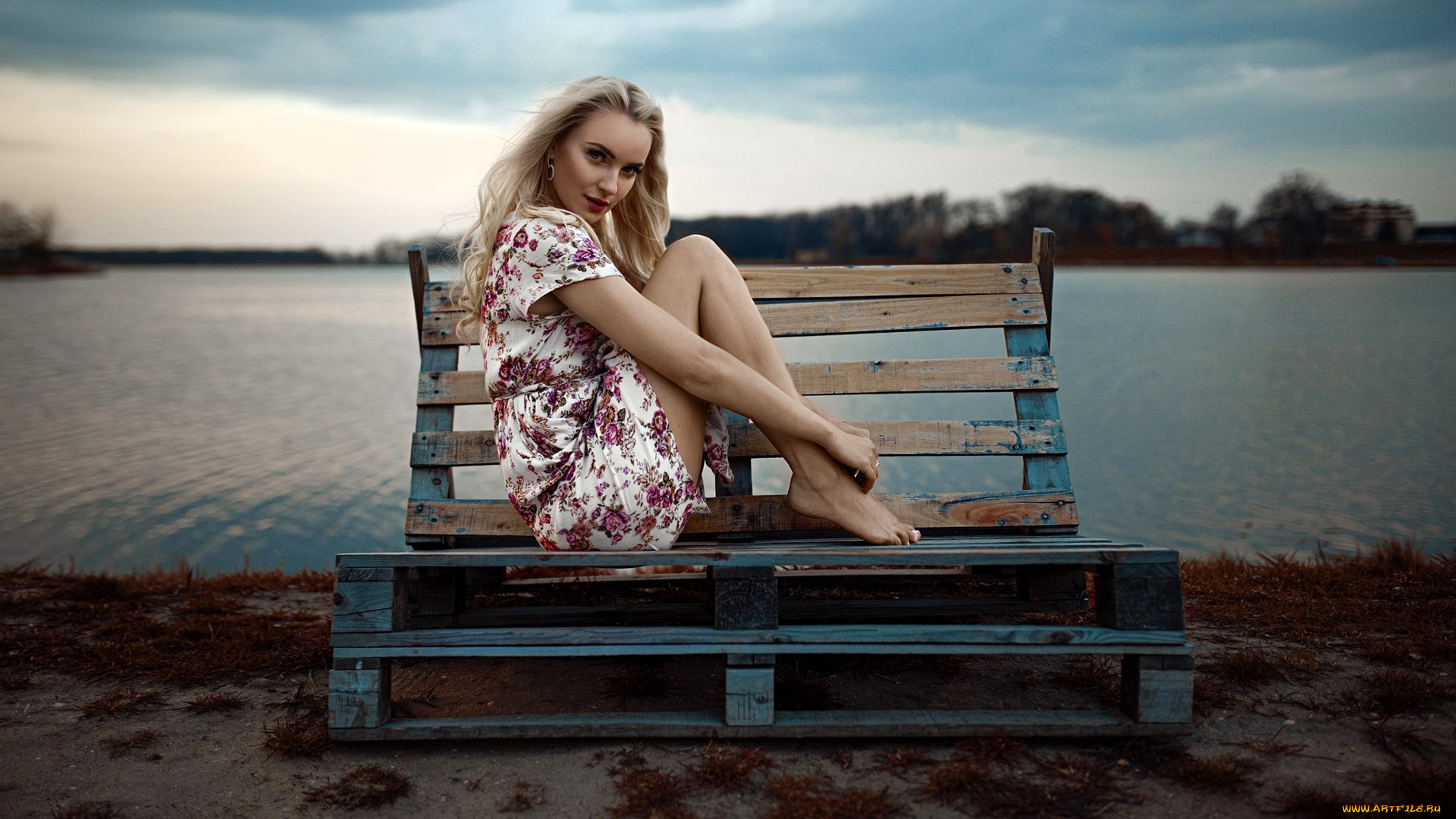 девушки, -, блондинки, , светловолосые, блондинка, платье, скамейка, озеро