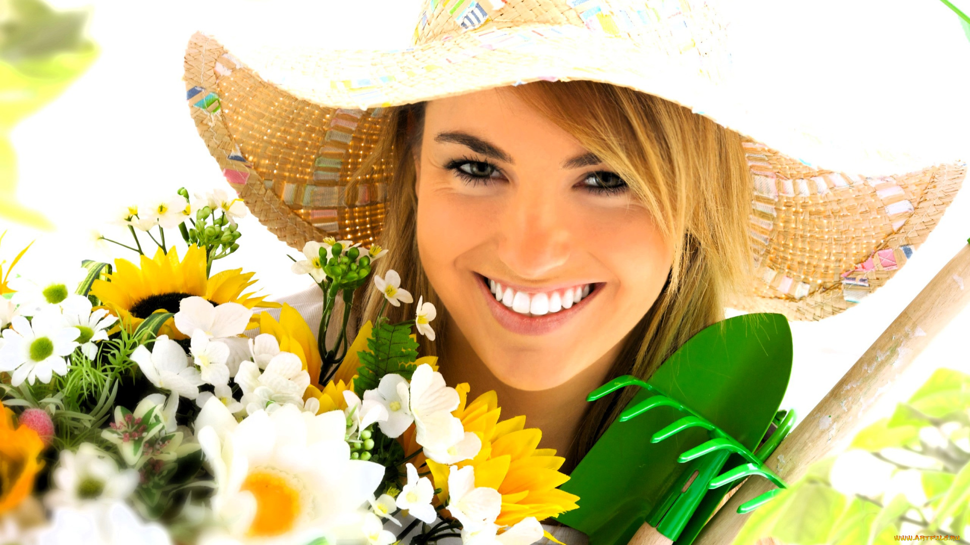 девушки, -, лица, , портреты, блондинка, лицо, шляпа, букет, цветы, грабли