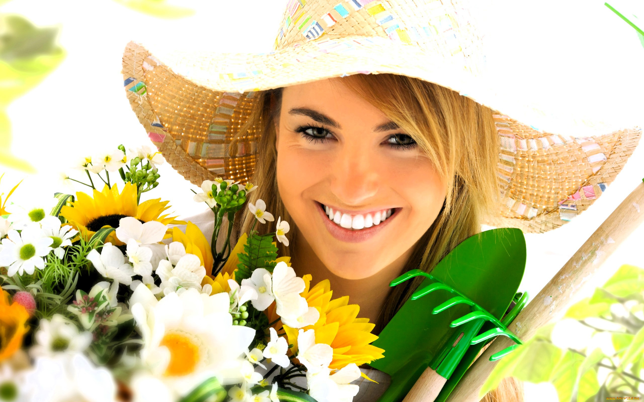девушки, -, лица, , портреты, блондинка, лицо, шляпа, букет, цветы, грабли