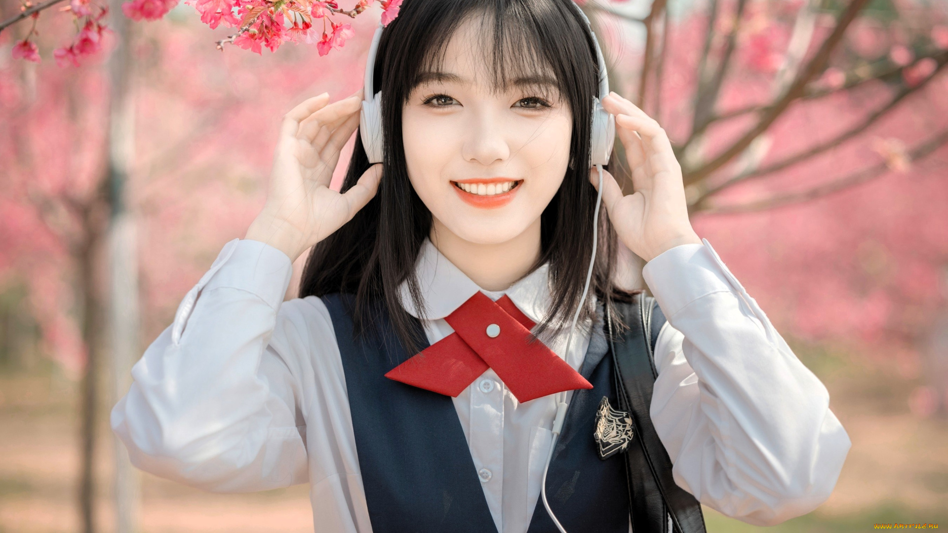 девушки, -, азиатки, брюнетка, наушники, форма, сад, весна, цветение