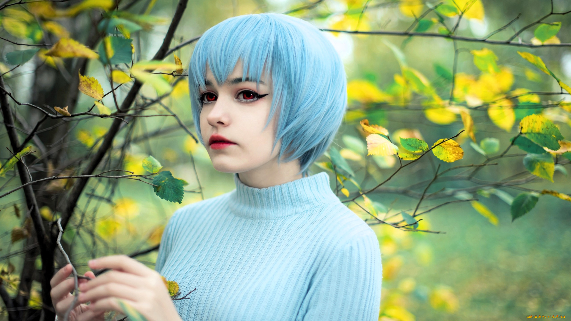 девушки, tenletters, голубые, волосы, свитер, дерево, ветки, осень