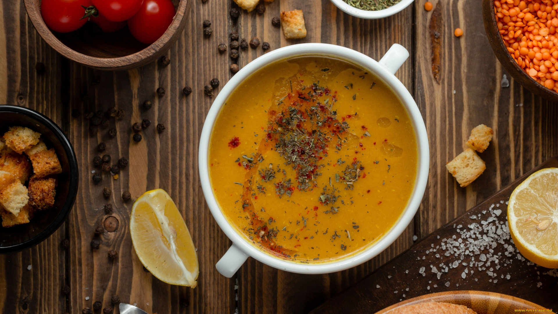 еда, первые, блюда, чечевица, суп, лимон