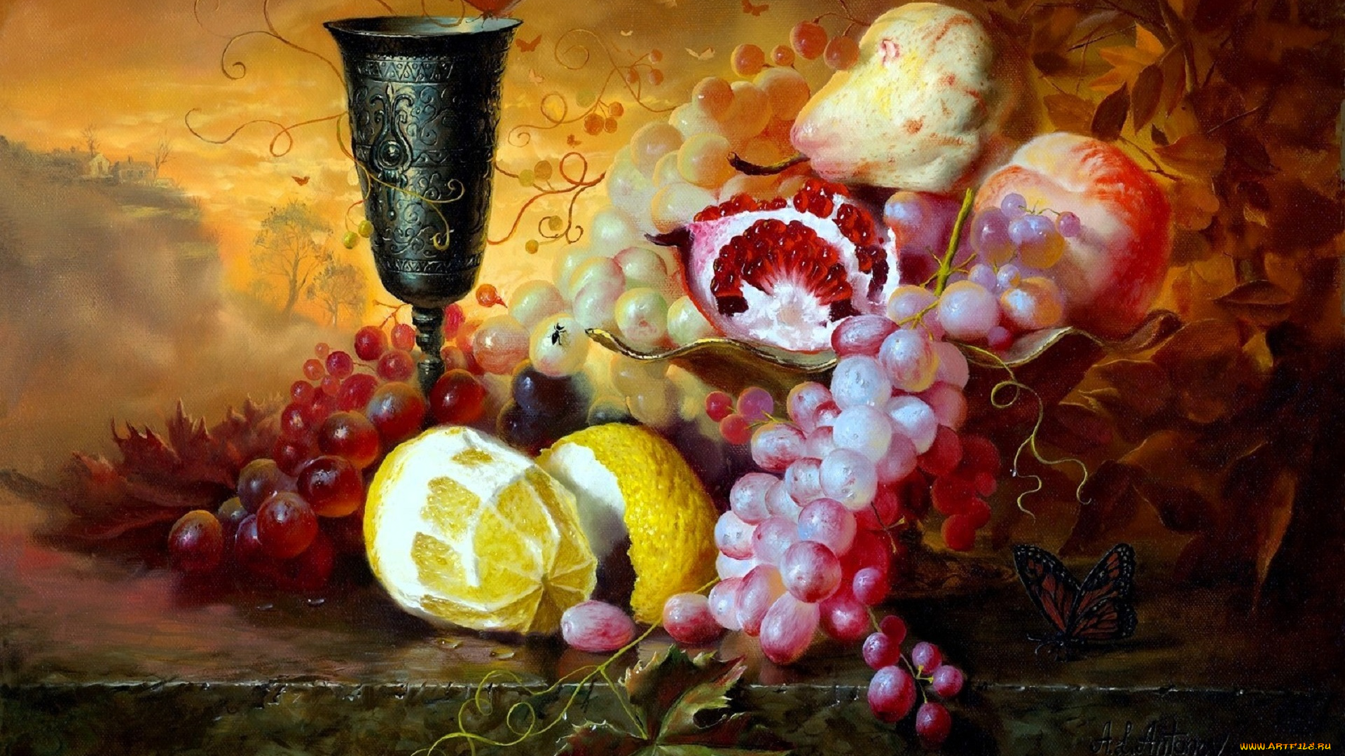 рисованное, алексей, антонов, натюрморт, стол, кубок, бабочка, листья, фрукты, ветки, лимон, виноград