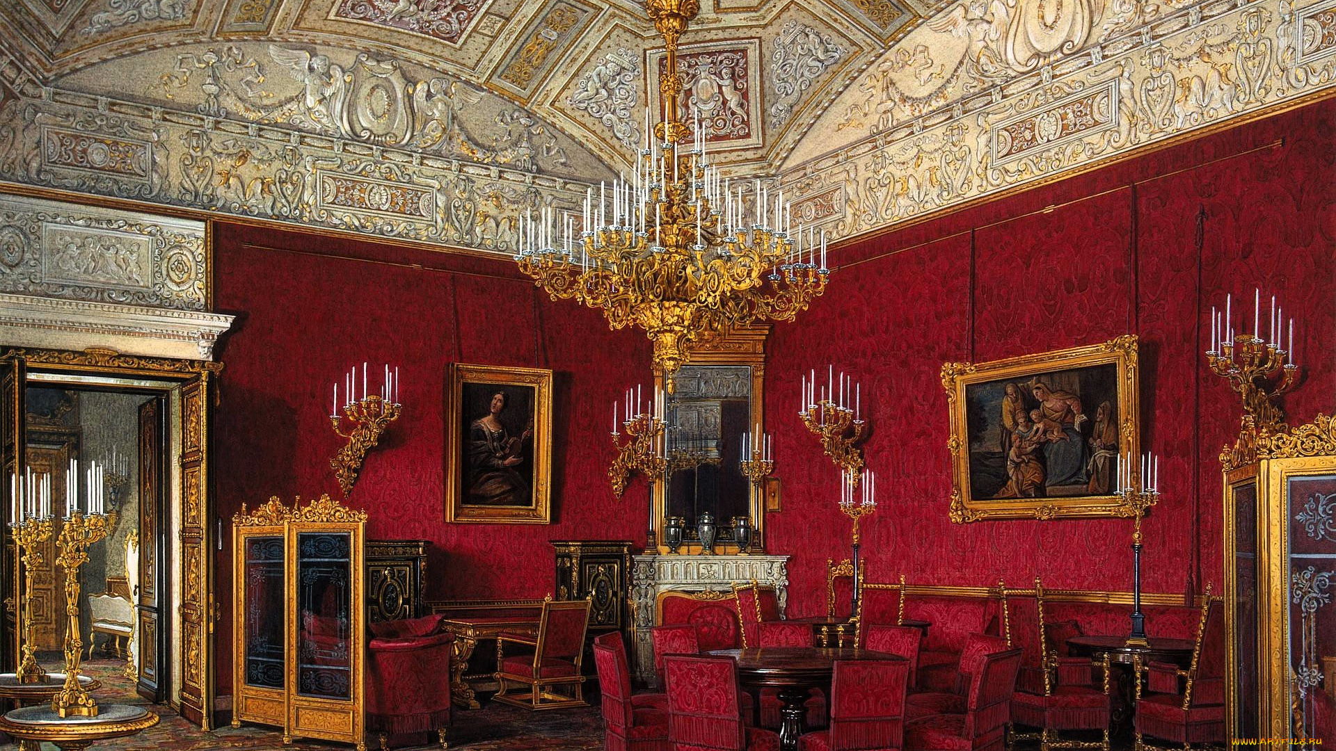 рисованное, эдуард, гау, дворец, интерьер, комната, свод, лепнина, люстра, свечи, ковер, стулья, стол, картины