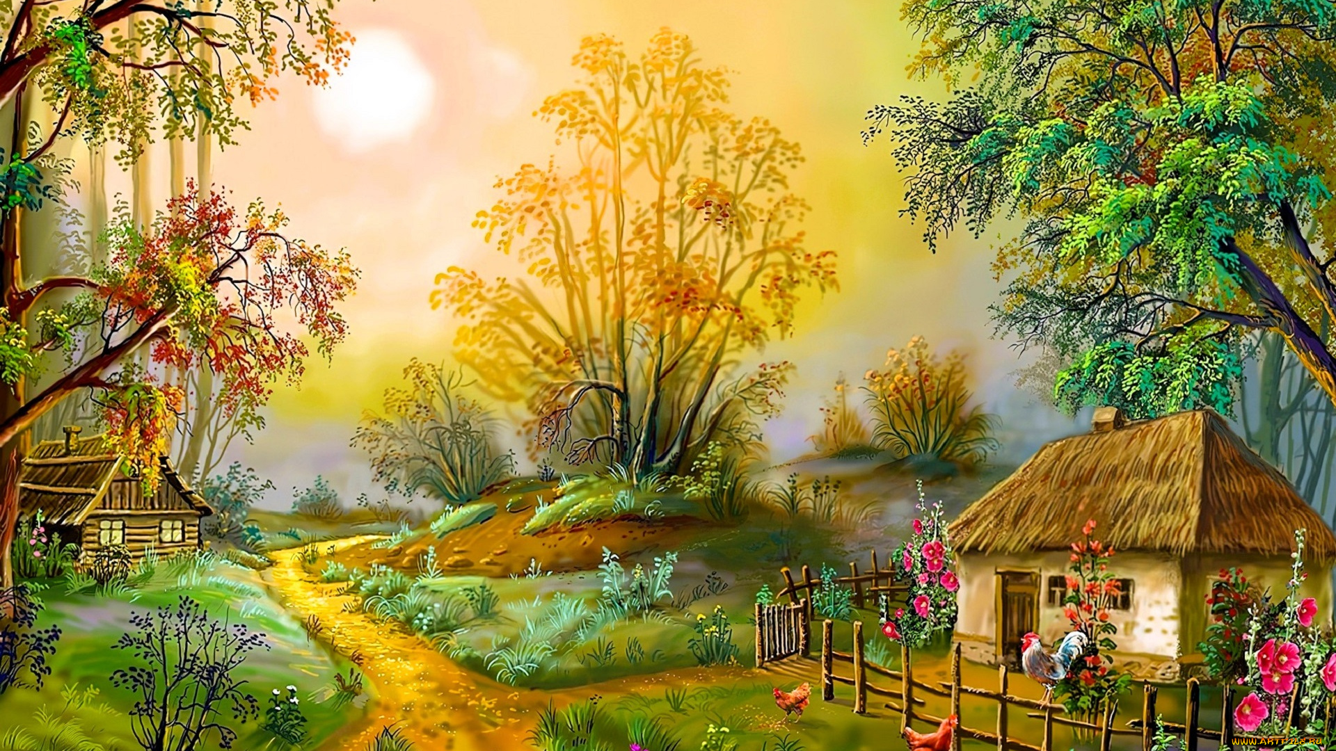 виктор, цыганов, рисованное, природа, дорожка, деревья, дома, куры