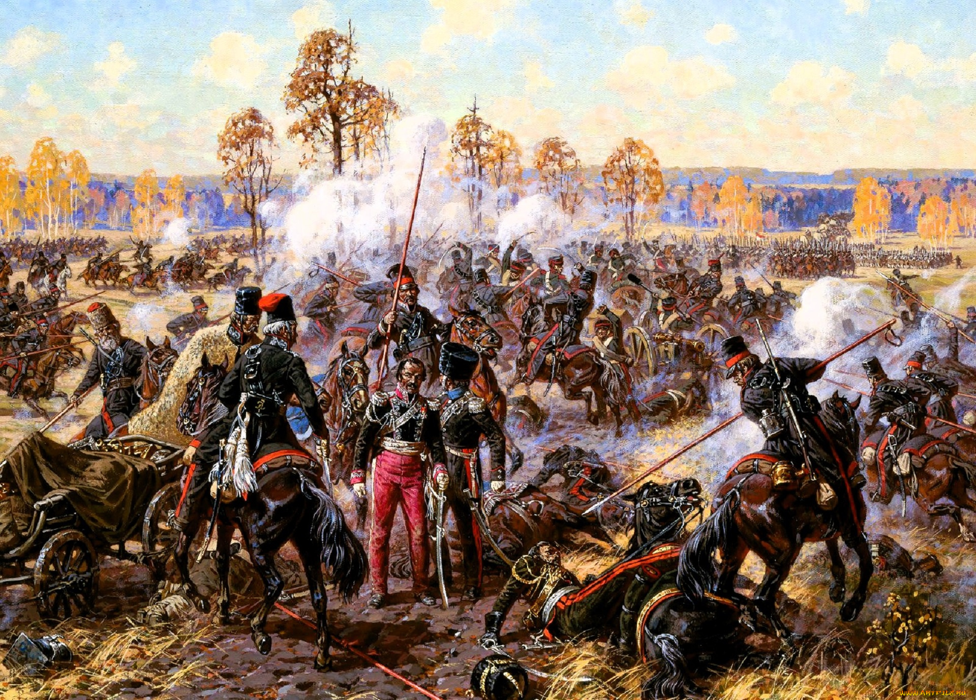 рисованное, александр, аверьянов, война, отряд, пленники, деревья, осень