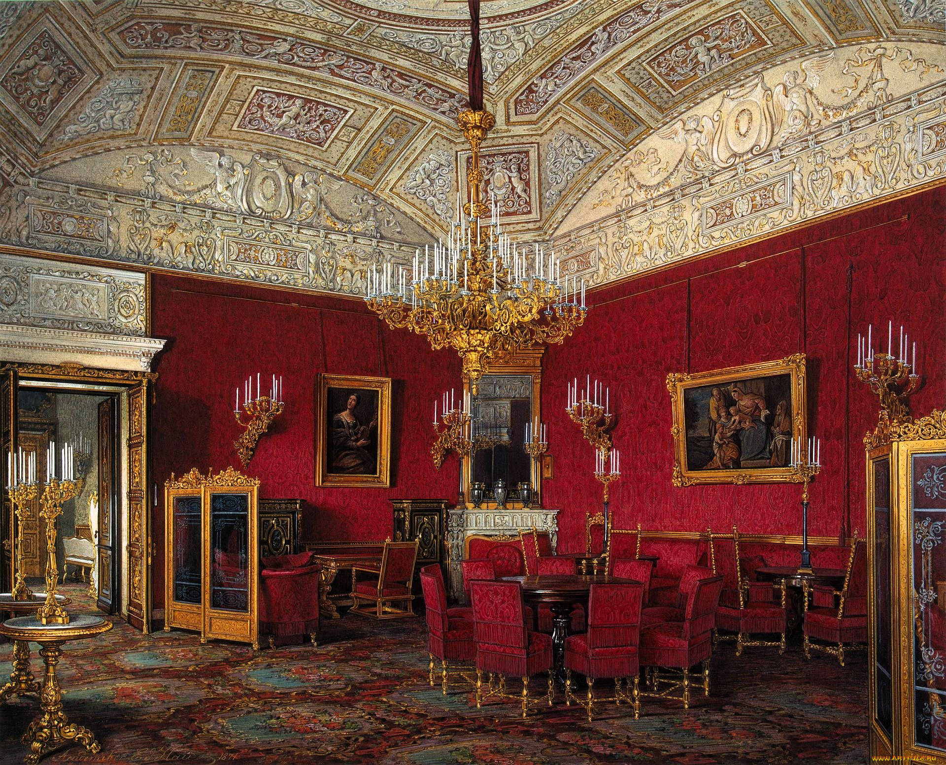 рисованное, эдуард, гау, дворец, интерьер, комната, свод, лепнина, люстра, свечи, ковер, стулья, стол, картины