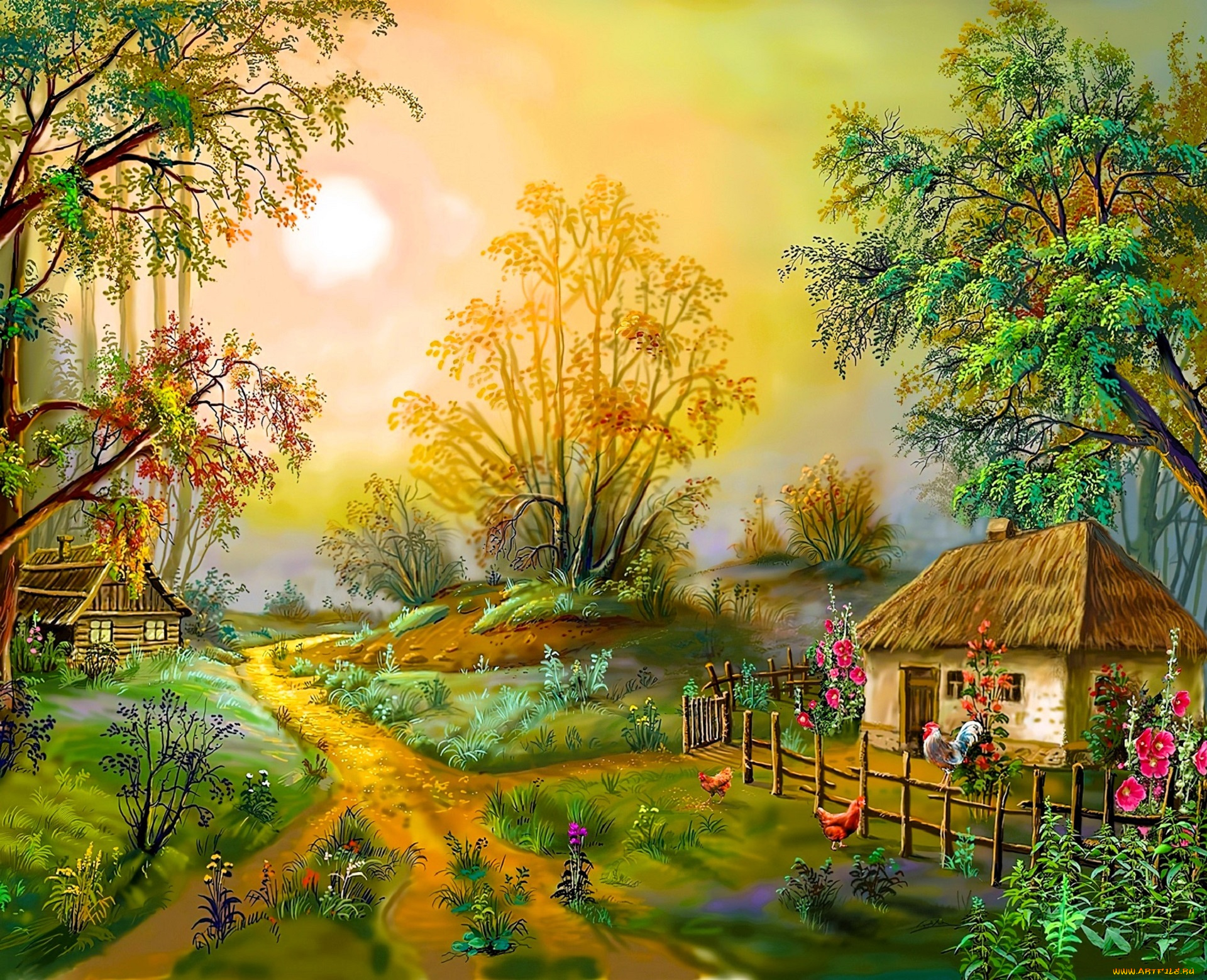 виктор, цыганов, рисованное, природа, дорожка, деревья, дома, куры