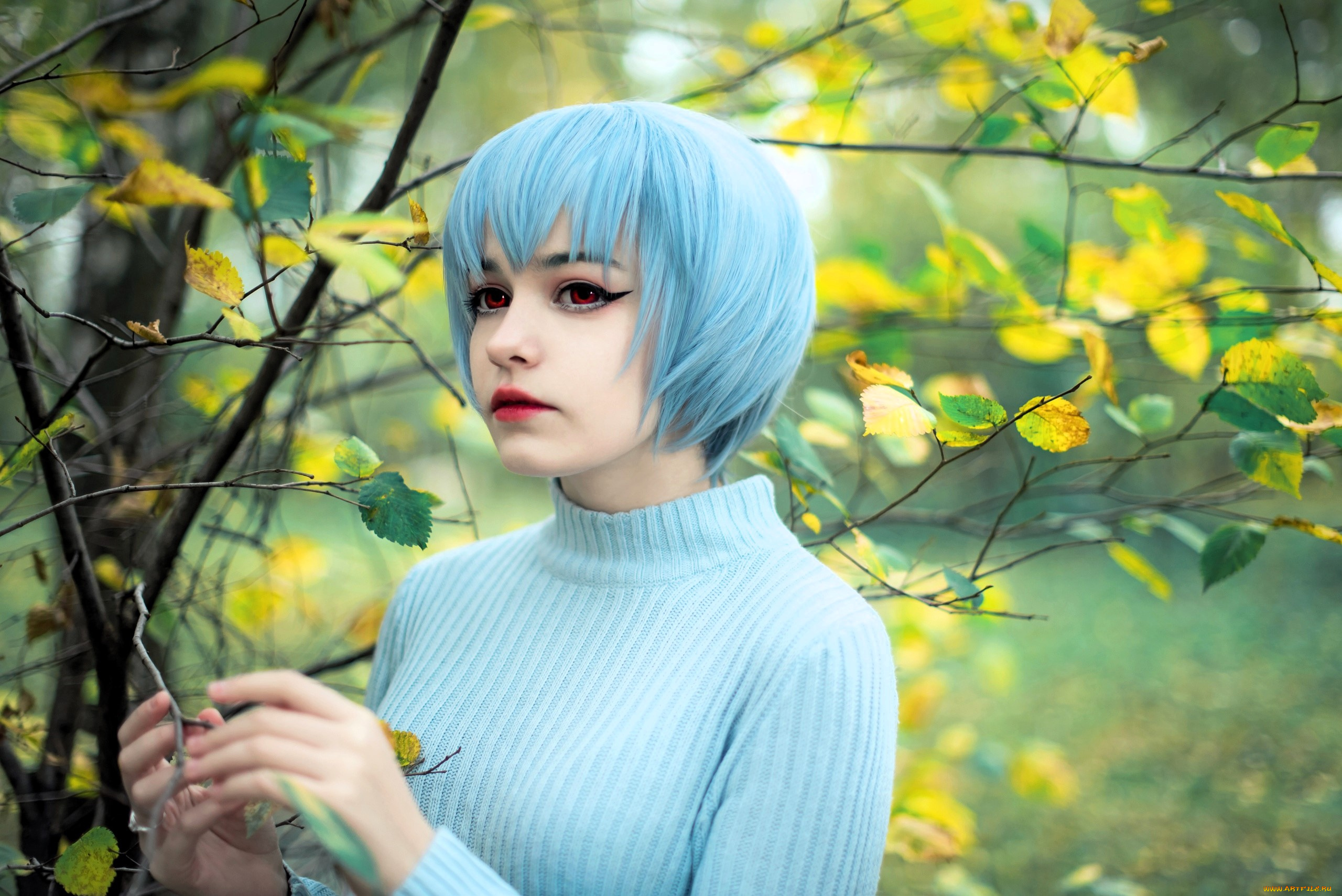 девушки, tenletters, голубые, волосы, свитер, дерево, ветки, осень