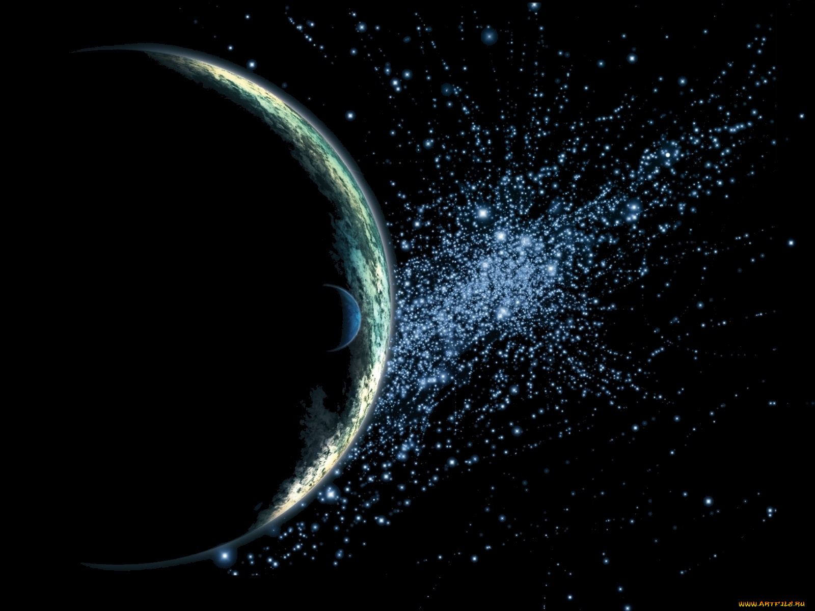 космос, арт, планеты, спутники, звёзды