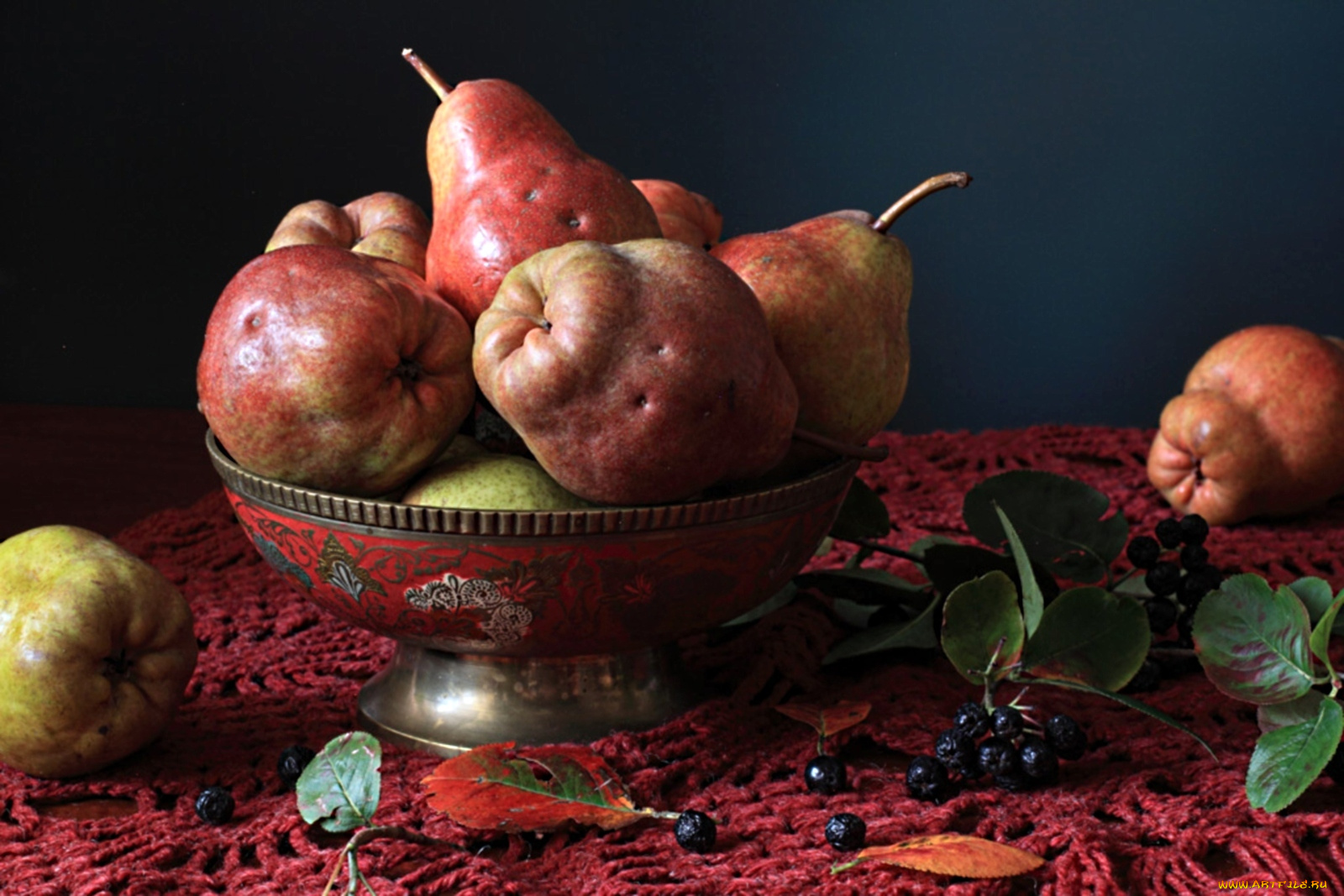 еда, груши, миска, аппетитный, ягоды, листья