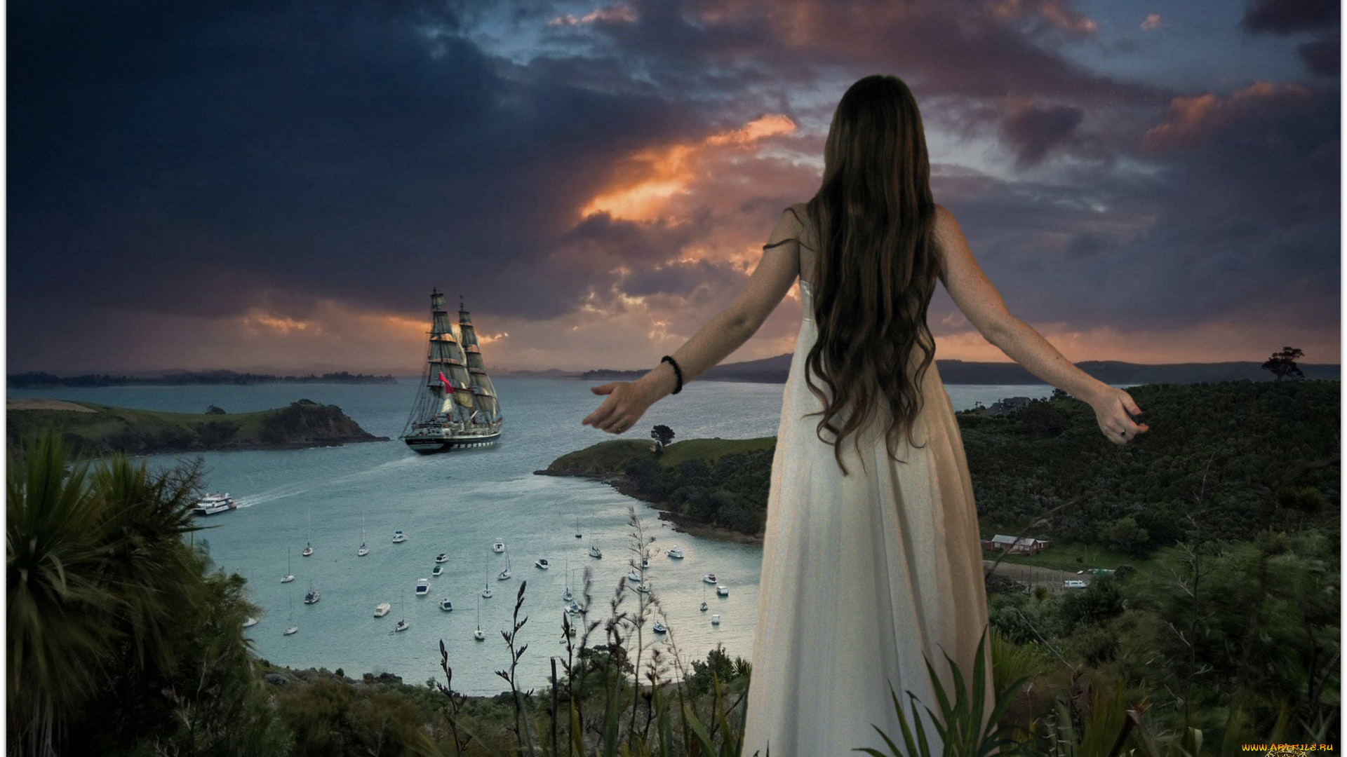 фэнтези, девушки, море, парусник, девушка
