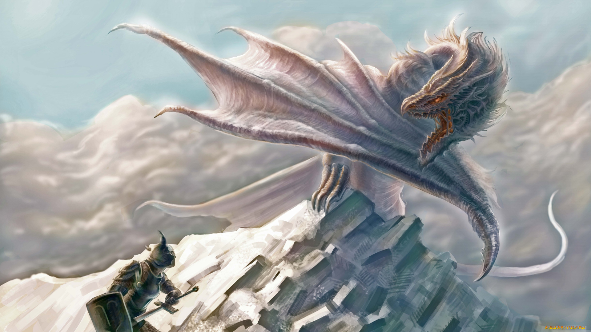 фэнтези, драконы, ikaired, гора, дракон, человек, воин, ярость, облака, доспехи, щит, меч