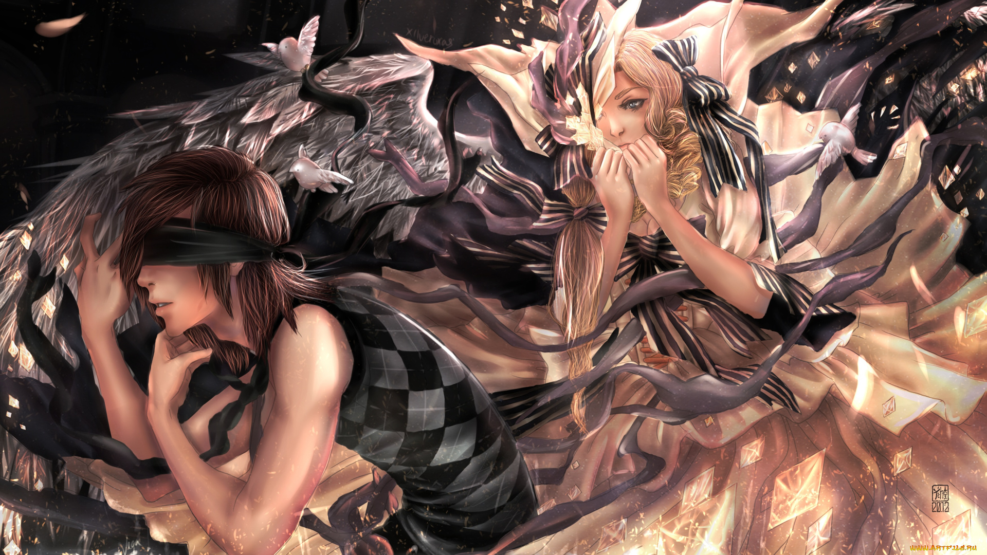 фэнтези, люди, xilveroxas, парень, повязка, девушка, ангел, крылья, банты, поиск