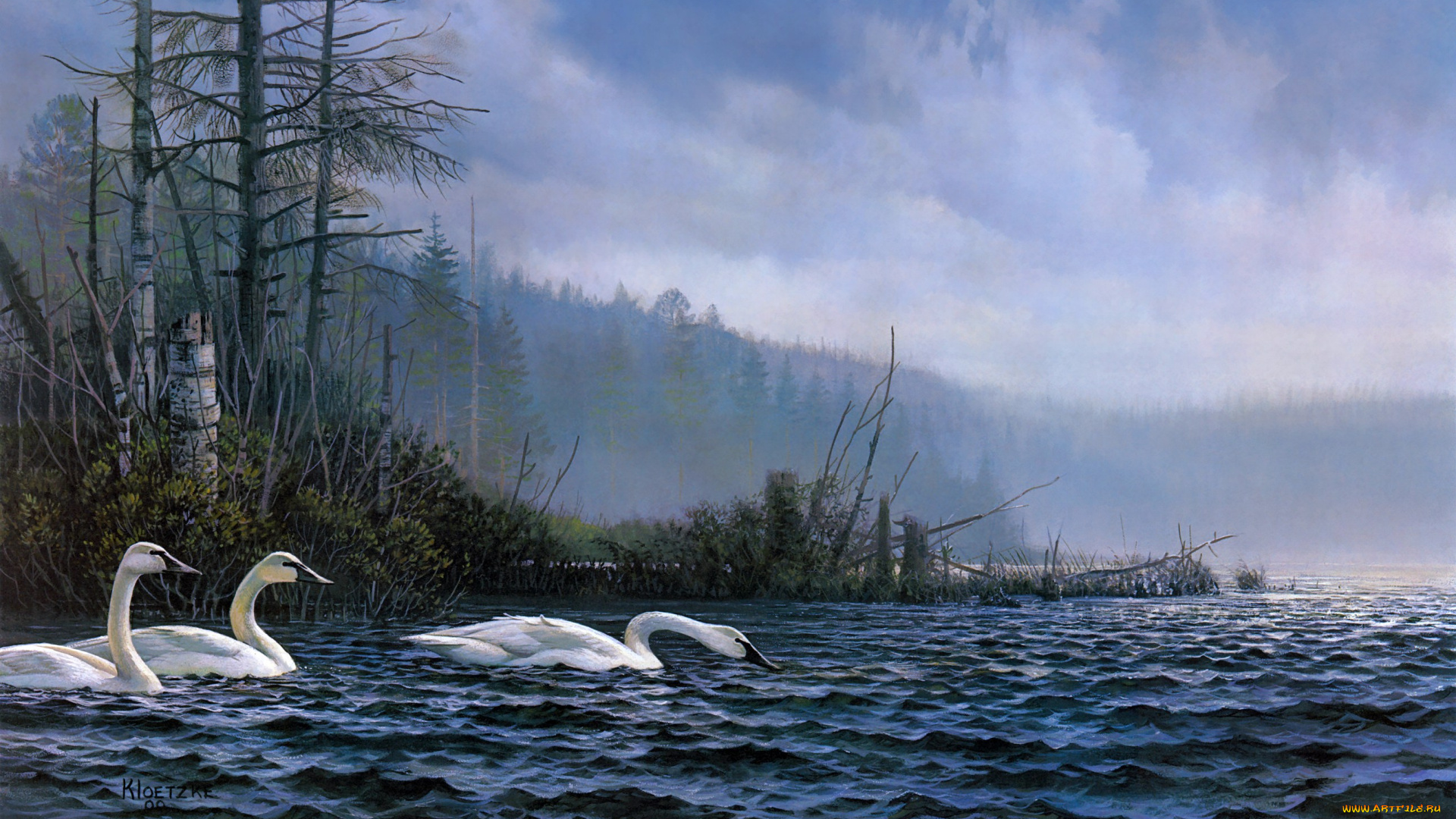 swan, lake, рисованные, don, kloetzke, озеро, лебеди