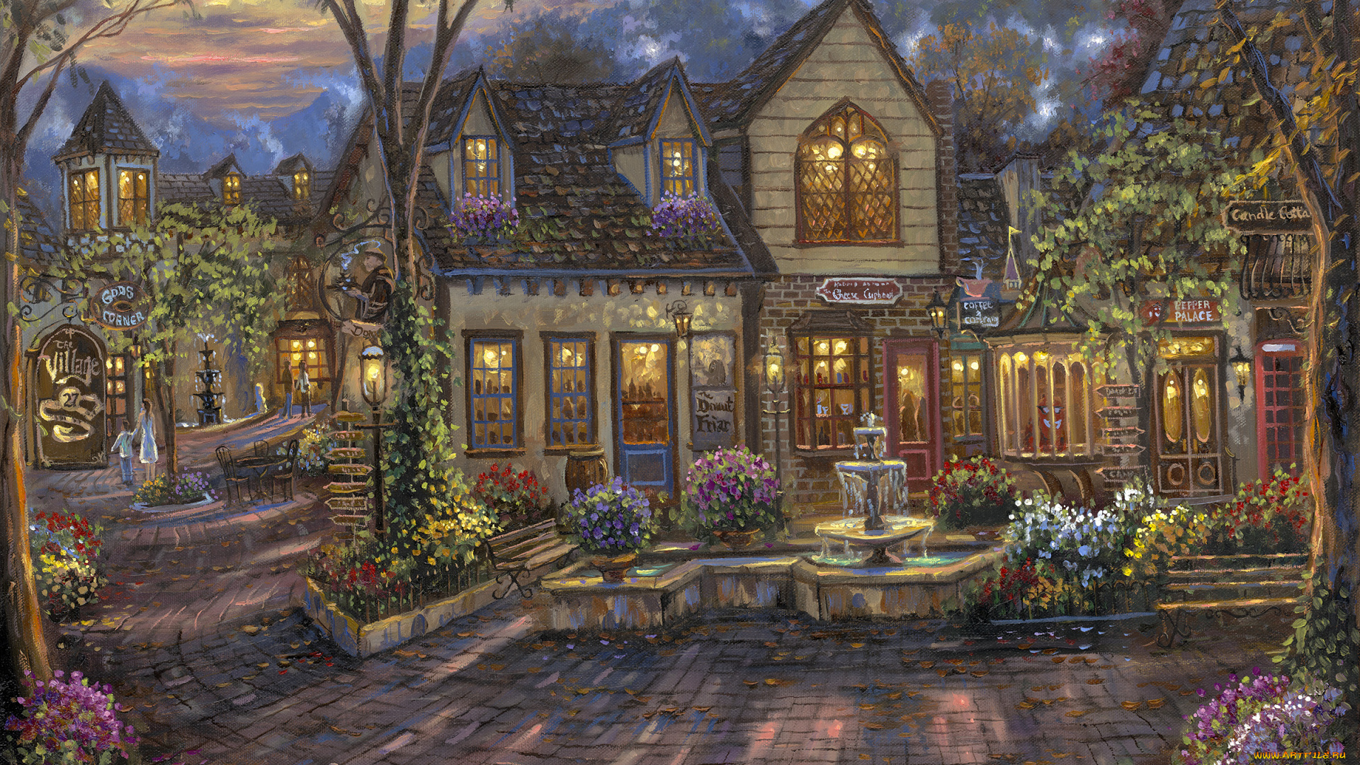 the, village, рисованные, robert, finale, дома, кафе, фонтан
