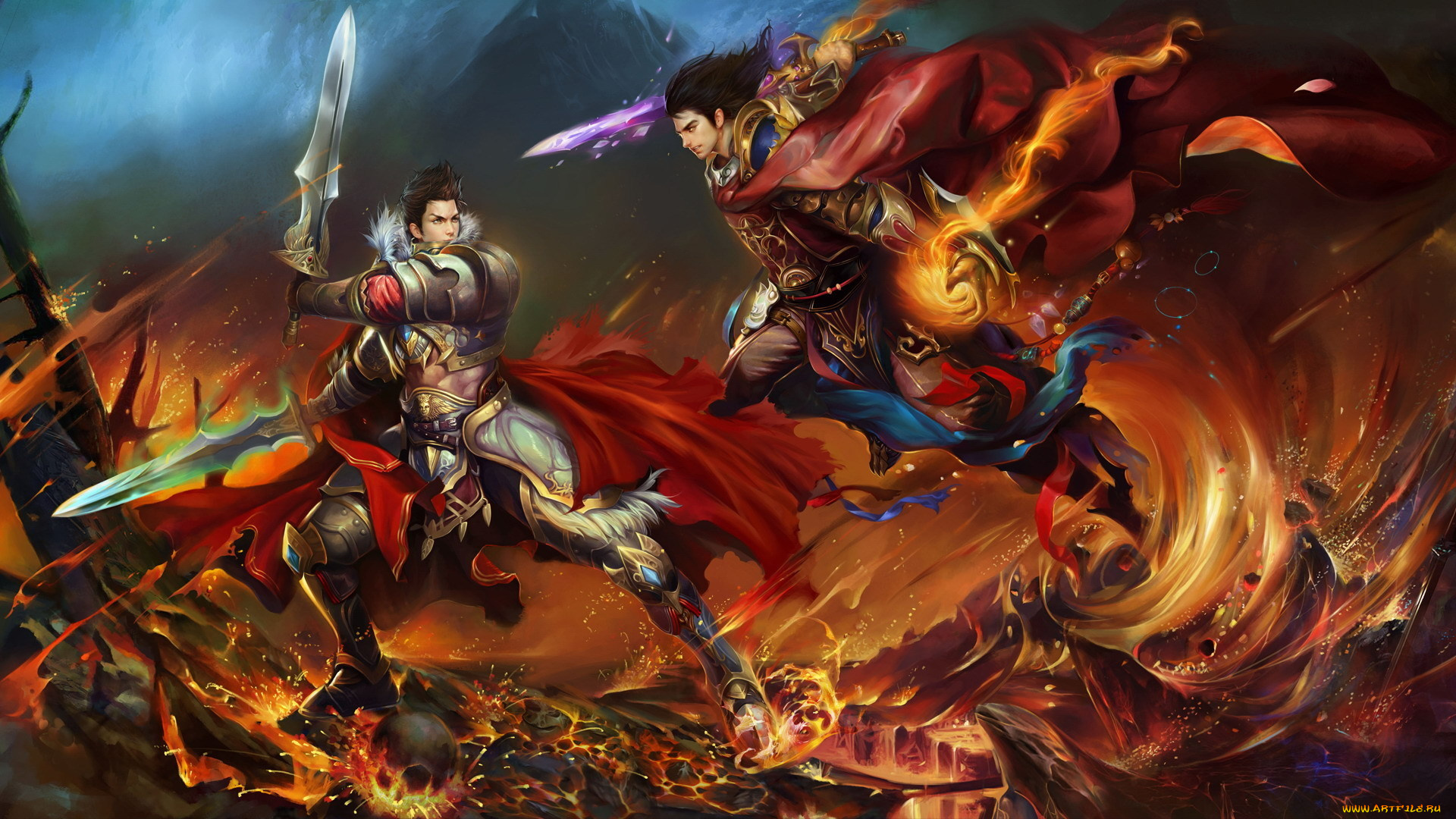 видео, игры, perfect, world, genesis, парни, битва, оружие, меч, огонь, лава, череп, магия