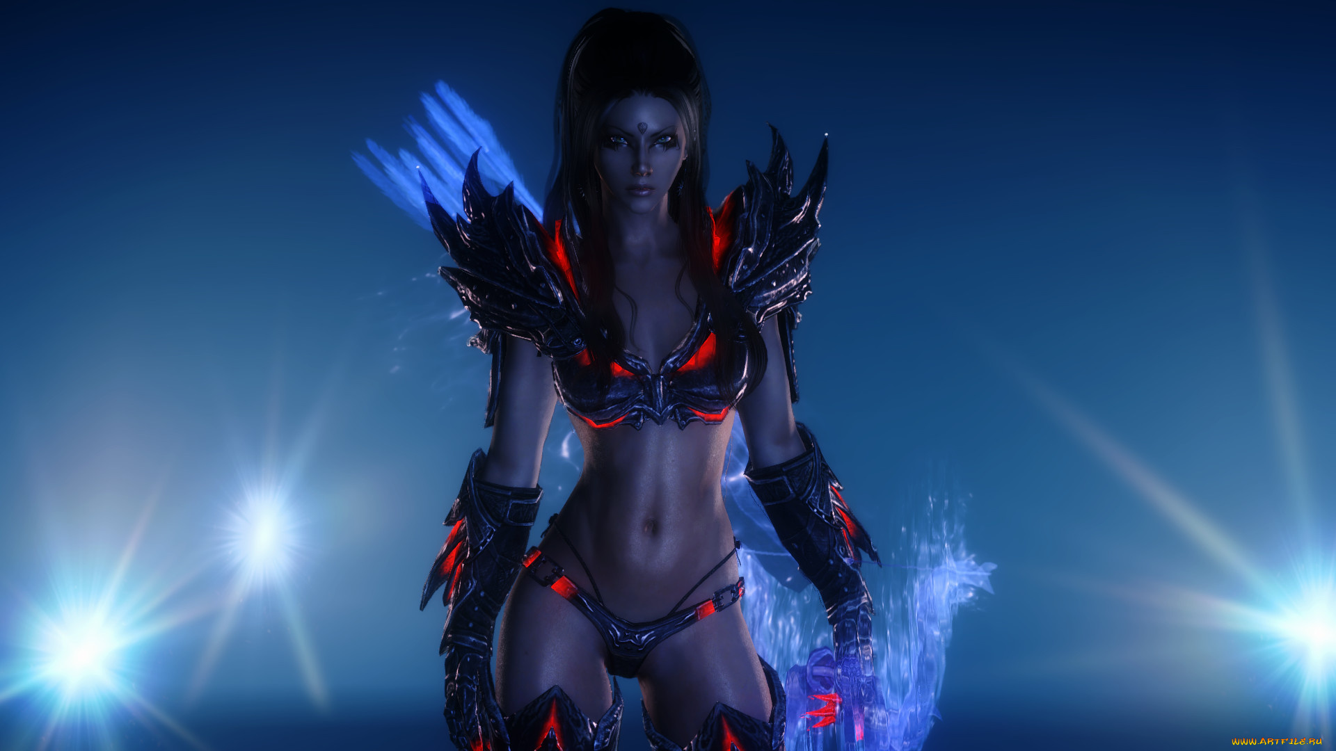 3д, графика, фантазия, , fantasy, взгляд, доспехи, фон, оружие, синий, девушка