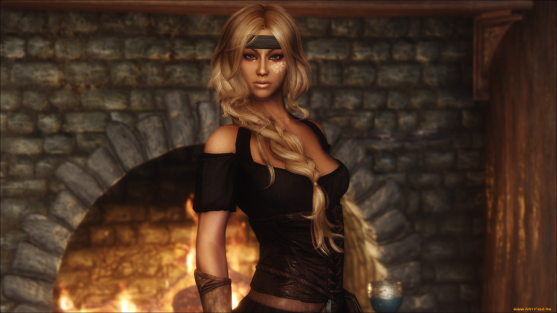 bella, 3д, графика, люди, , people, девушка, камин, стена, фон, взгляд