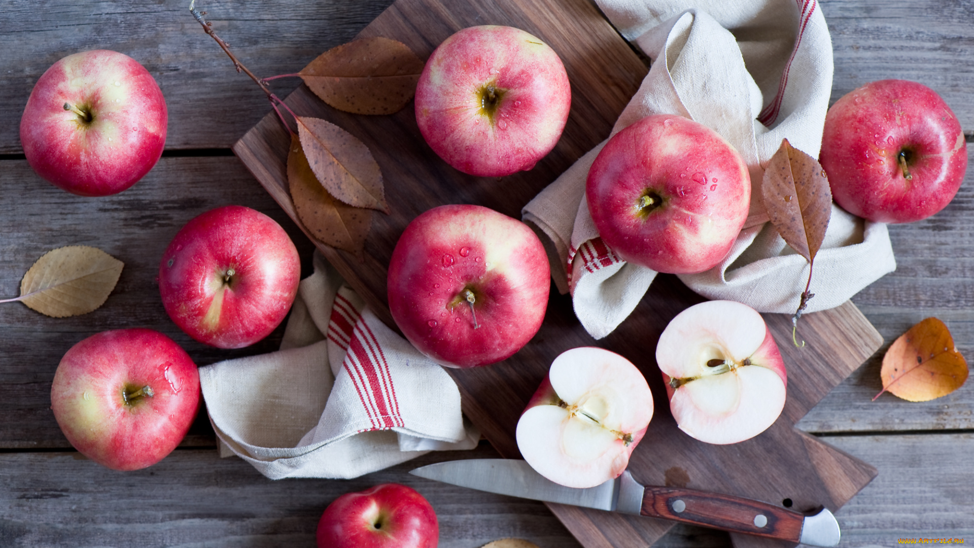 еда, Яблоки, фрукты, яблоки, осень, нож, доска, листья