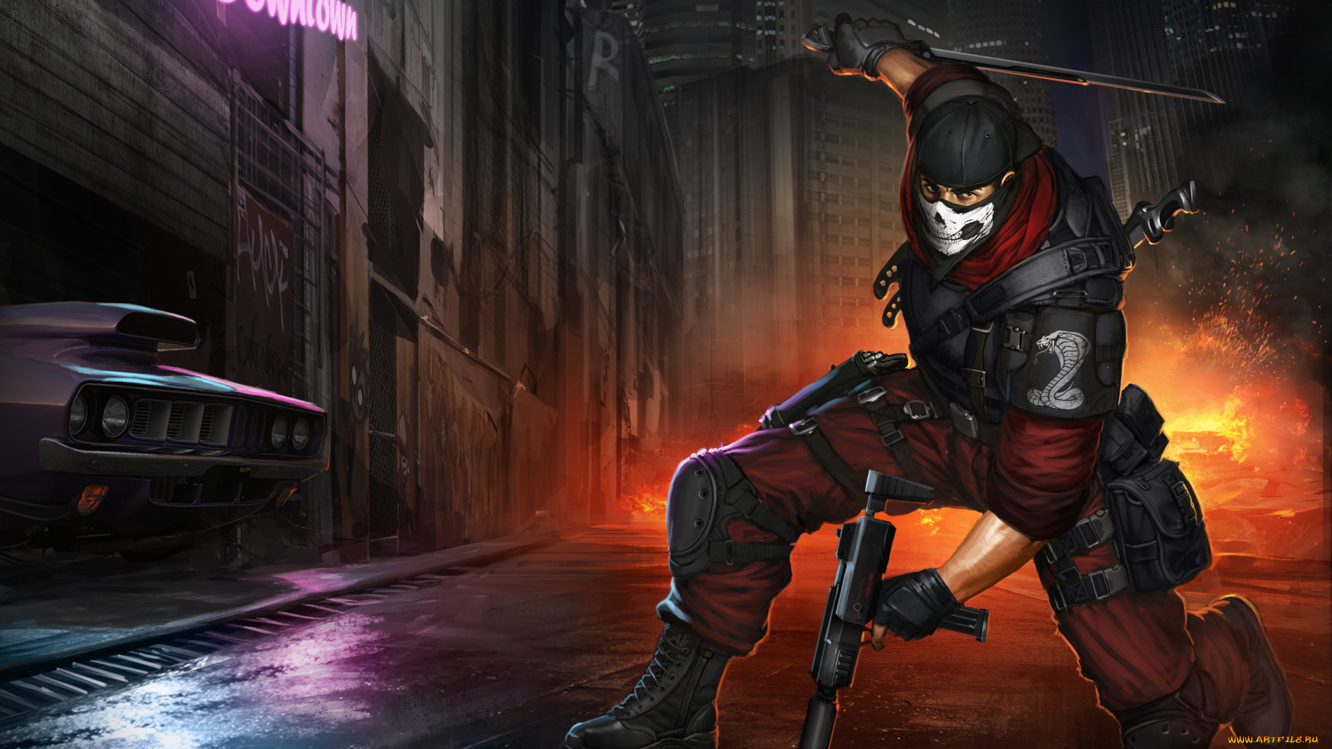 фэнтези, люди, оружие, поза, огонь, улица, взгляд, арт, маска