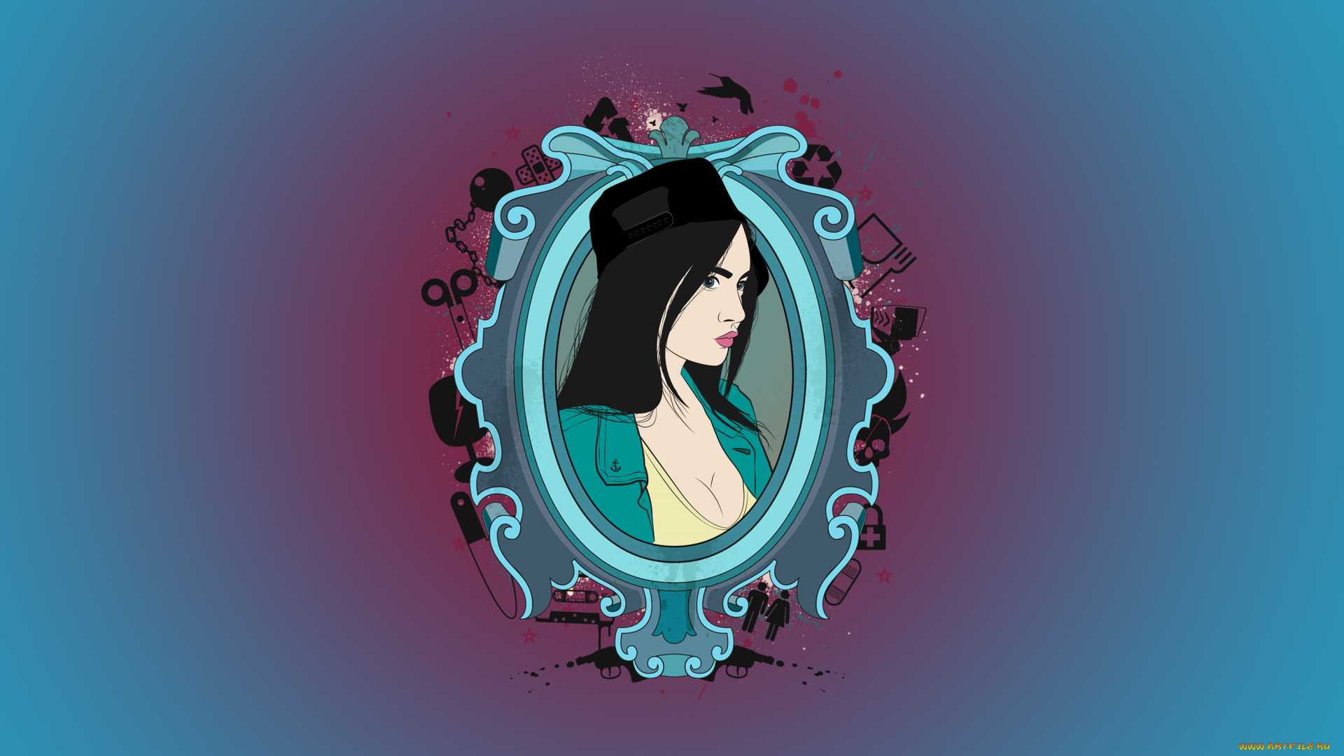 векторная, графика, девушки, мысли, вещи, кепка, девушка, брызги