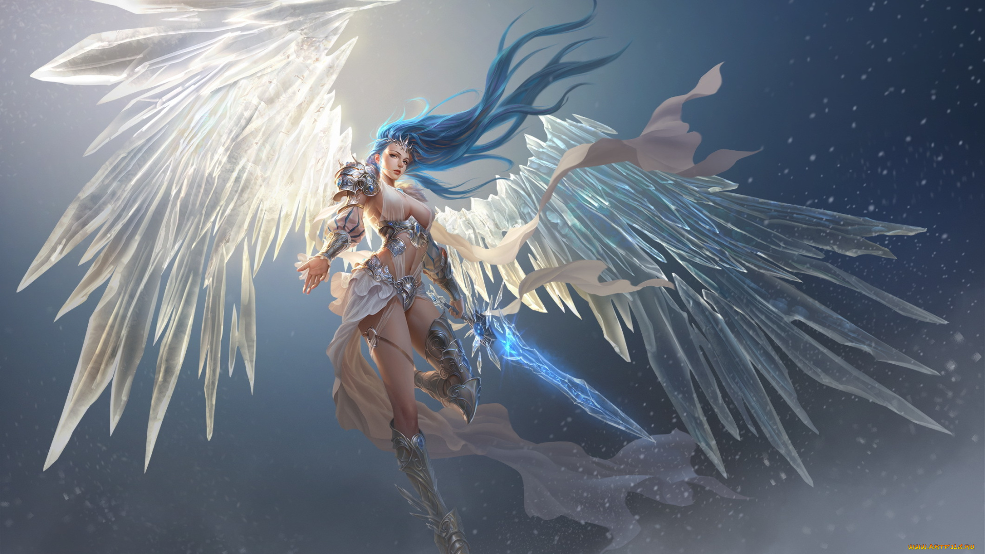 видео, игры, , , , , legends, , , лед, hair, доспех, ice, меч, armor, glacia, , , , , , , воительница, warrior, волосы, sword, ангел, girl, девушка, angel, полет, снег, fly
