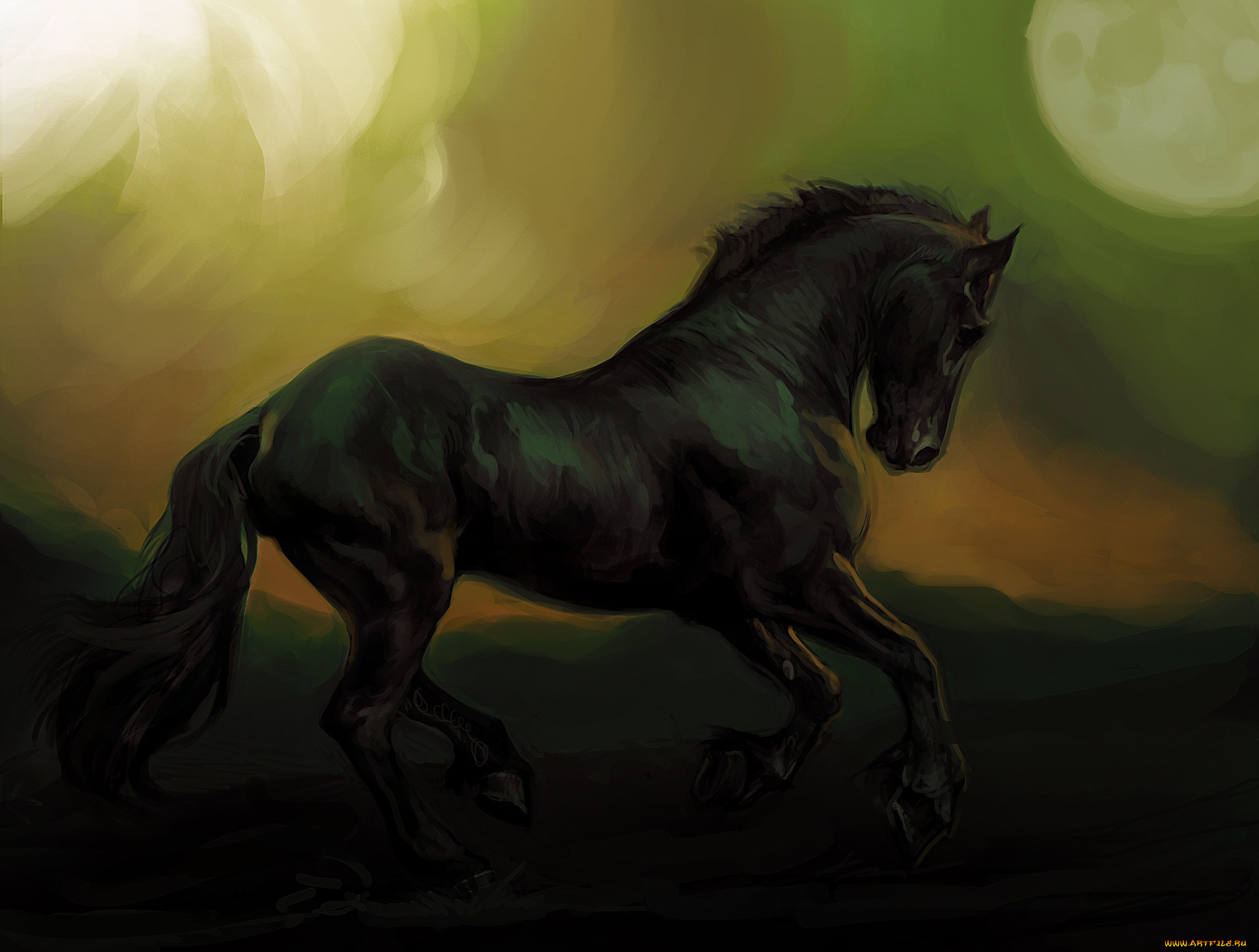 рисованные, животные, , лошади, фон, лошадь