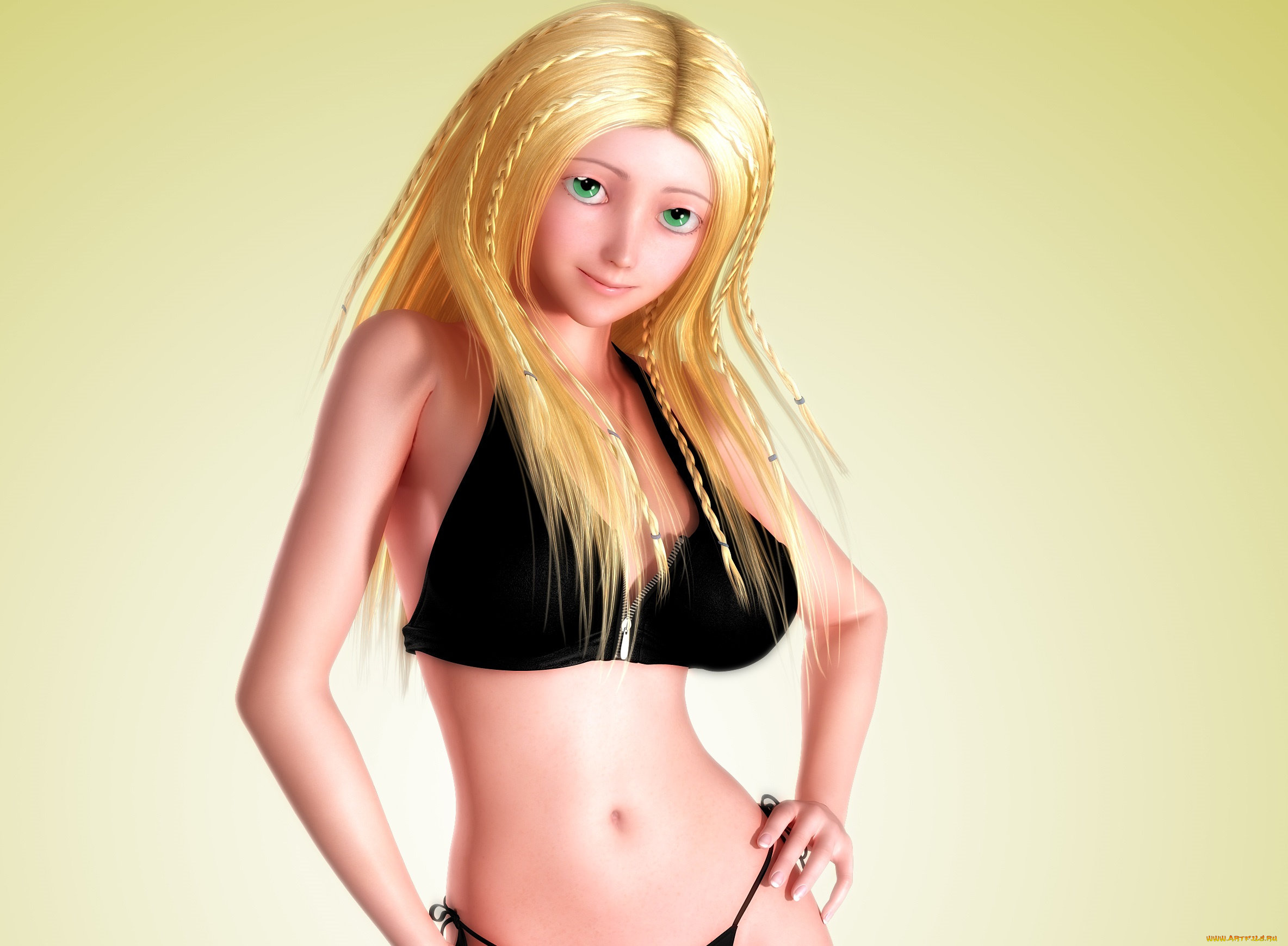 3д, графика, аниме, , anime, блондинка, фон, взгляд, девушка