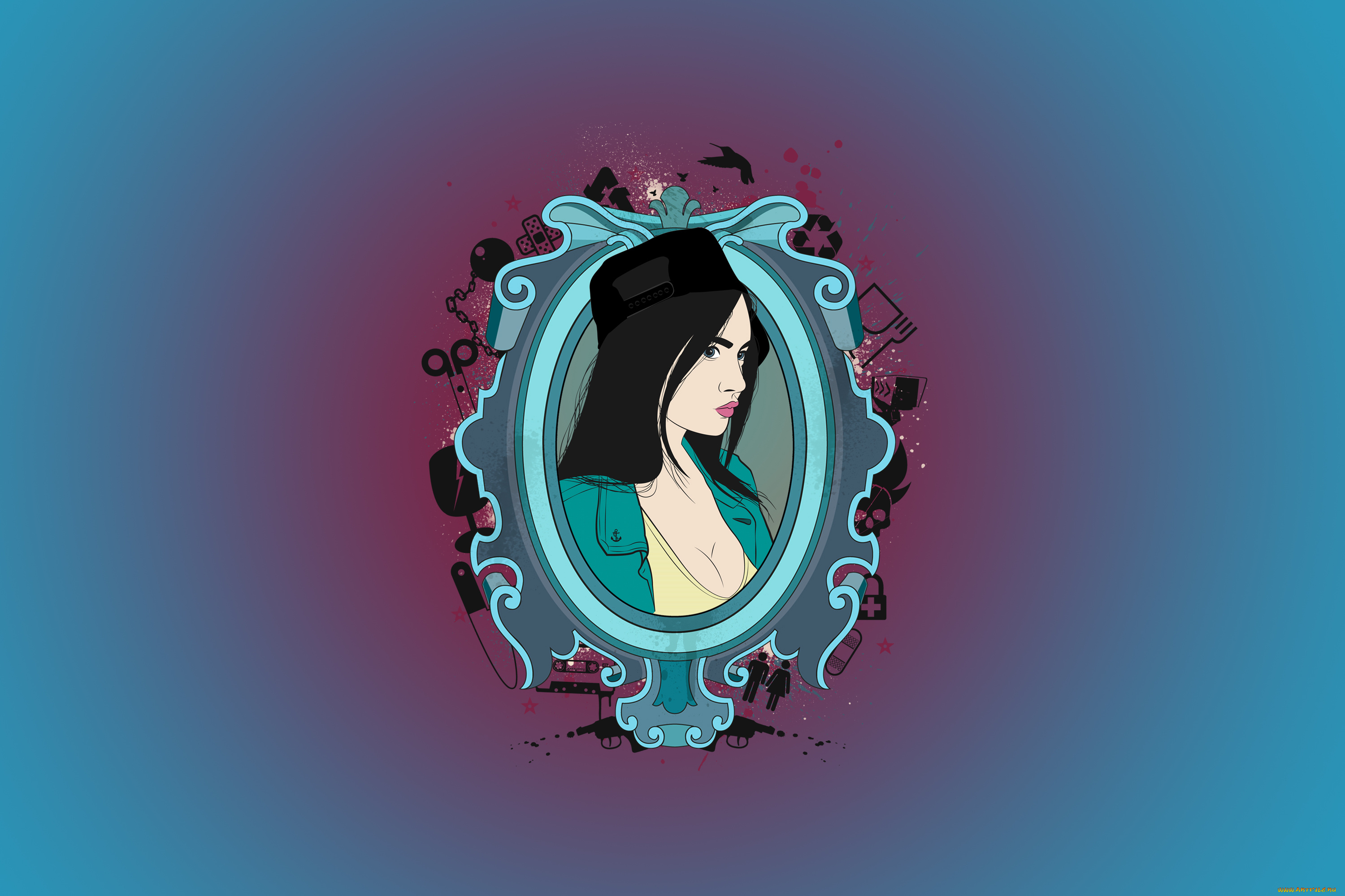 векторная, графика, девушки, мысли, вещи, кепка, девушка, брызги