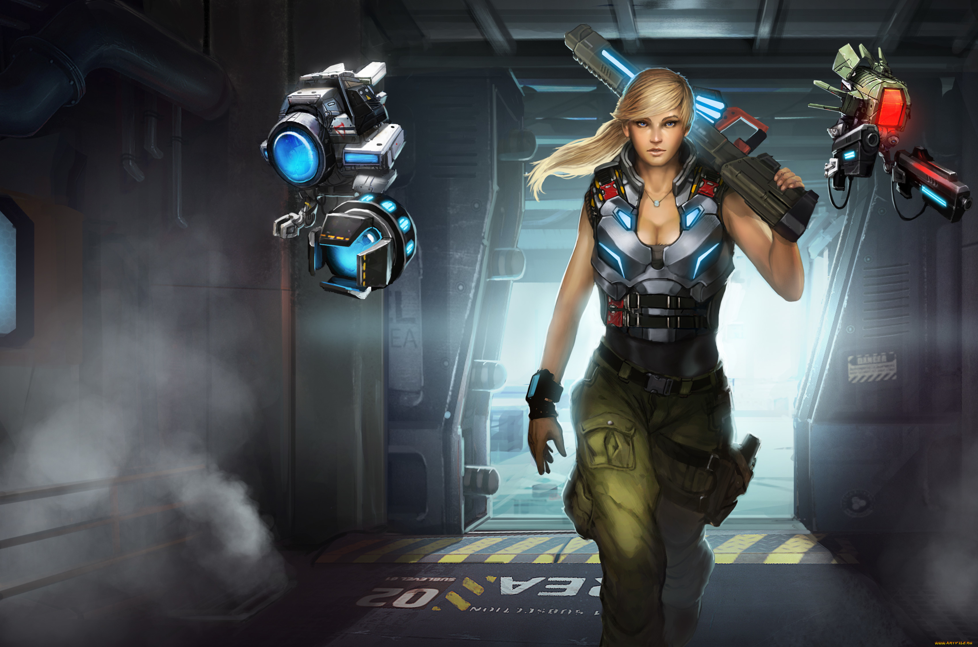 фэнтези, девушки, арт, gemini, роботы, оружие, взгляд, девушка, фантастика